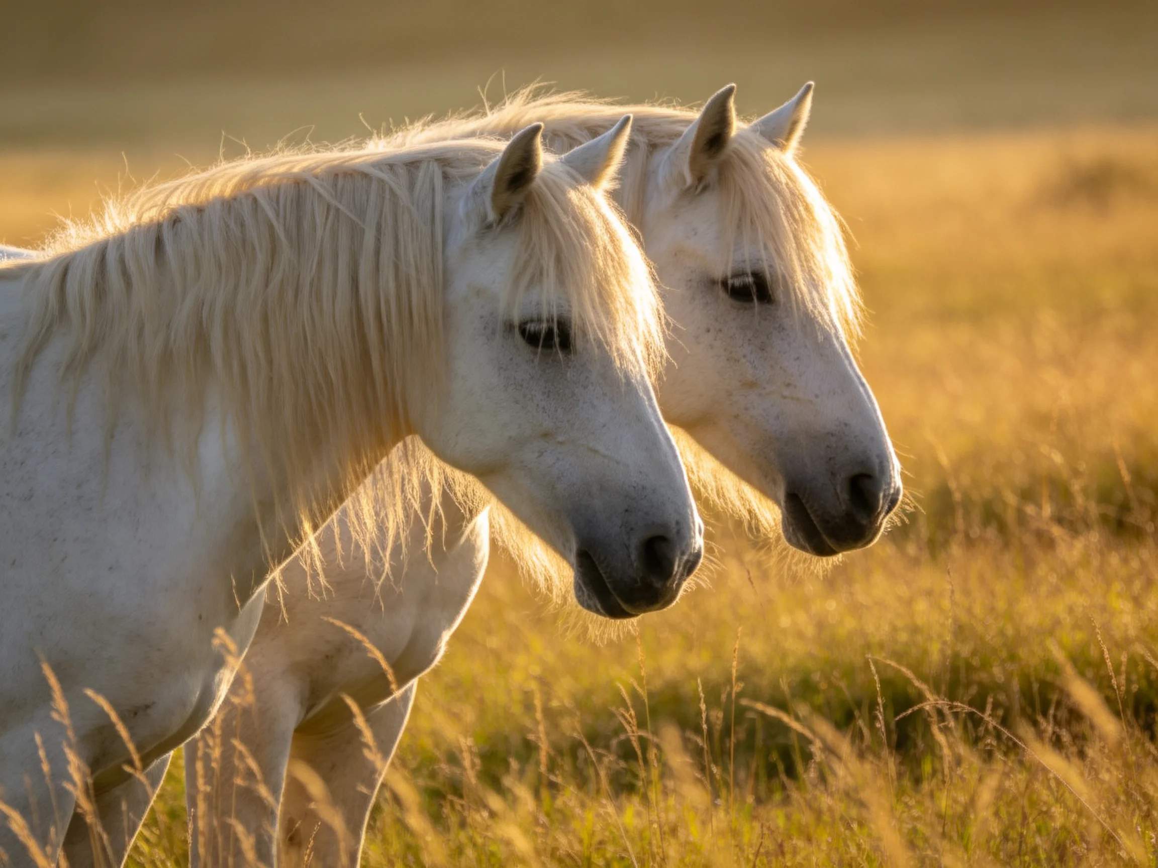 Two white horses stand together in a sunlit golden meadow