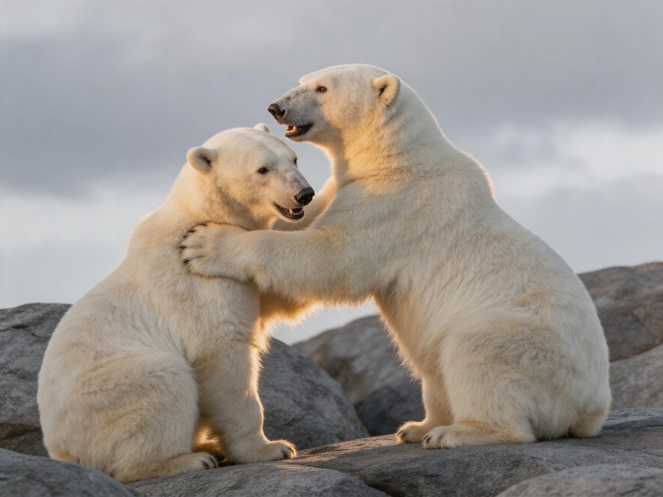 Two white polar bears playfully interacting on gray rocks under cloudy skies