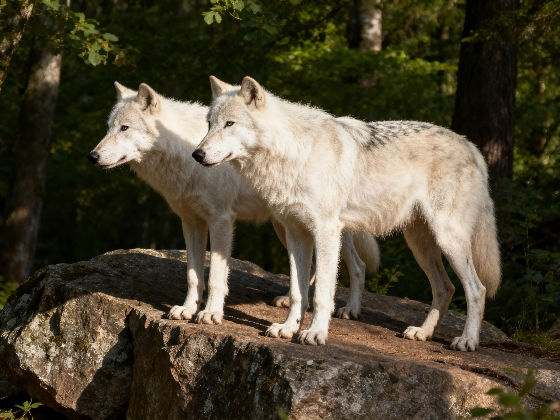 Two white wolves stand on a mossy rock in a forest