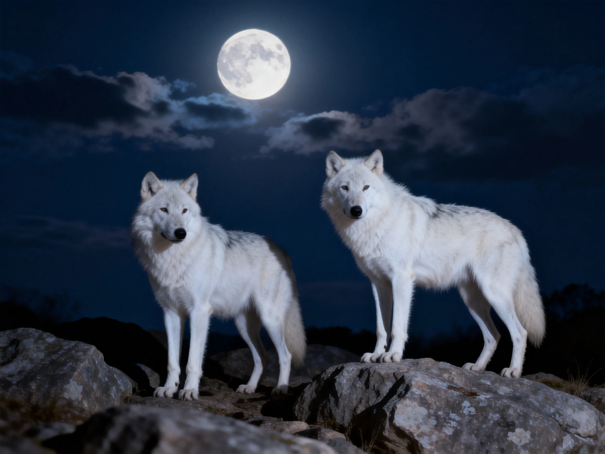 Two white wolves stand on rocky terrain beneath a bright full moon