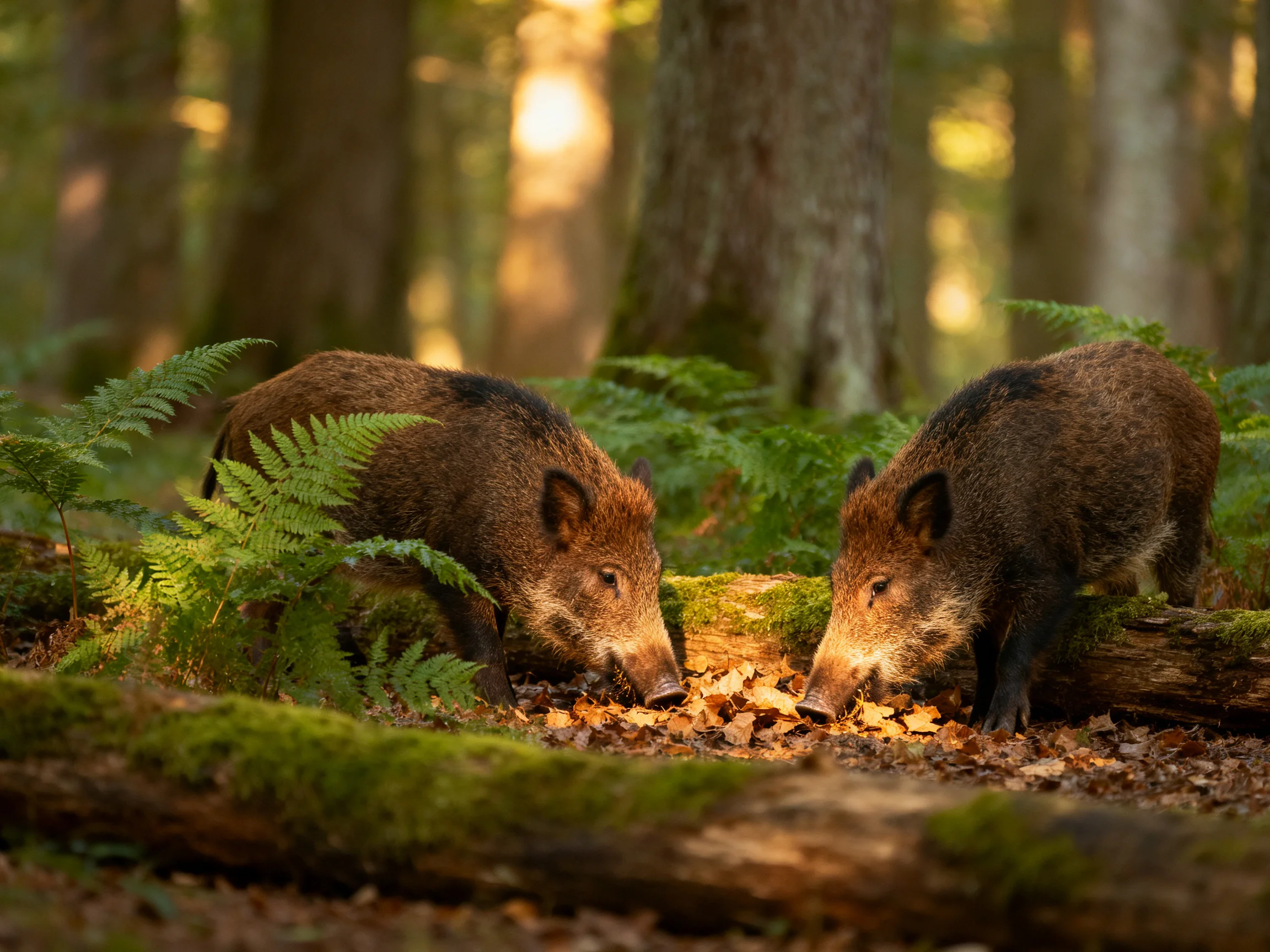 Two wild boars forage among ferns and mossy logs in sunlit woodland
