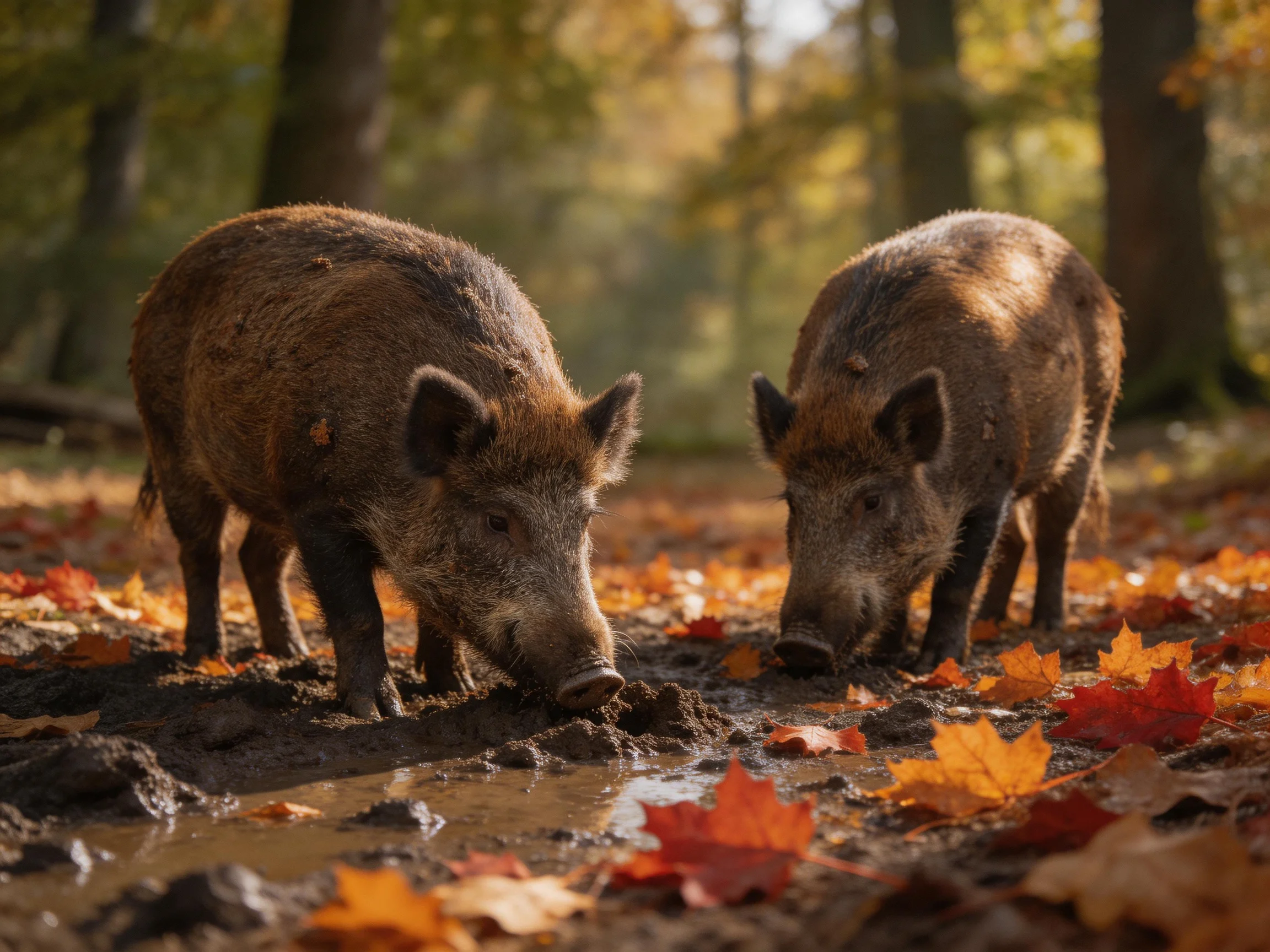 Two wild boars forage in a forest with muddy ground and autumn foliage