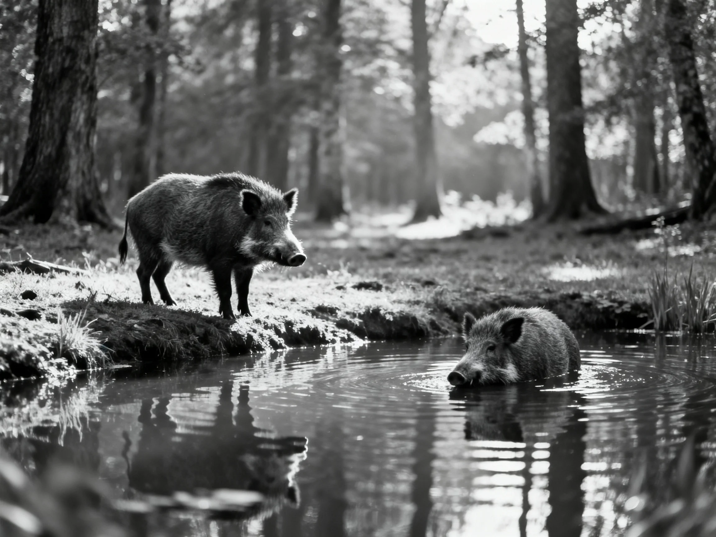 Two wild boars in a sun-dappled forest near a stream