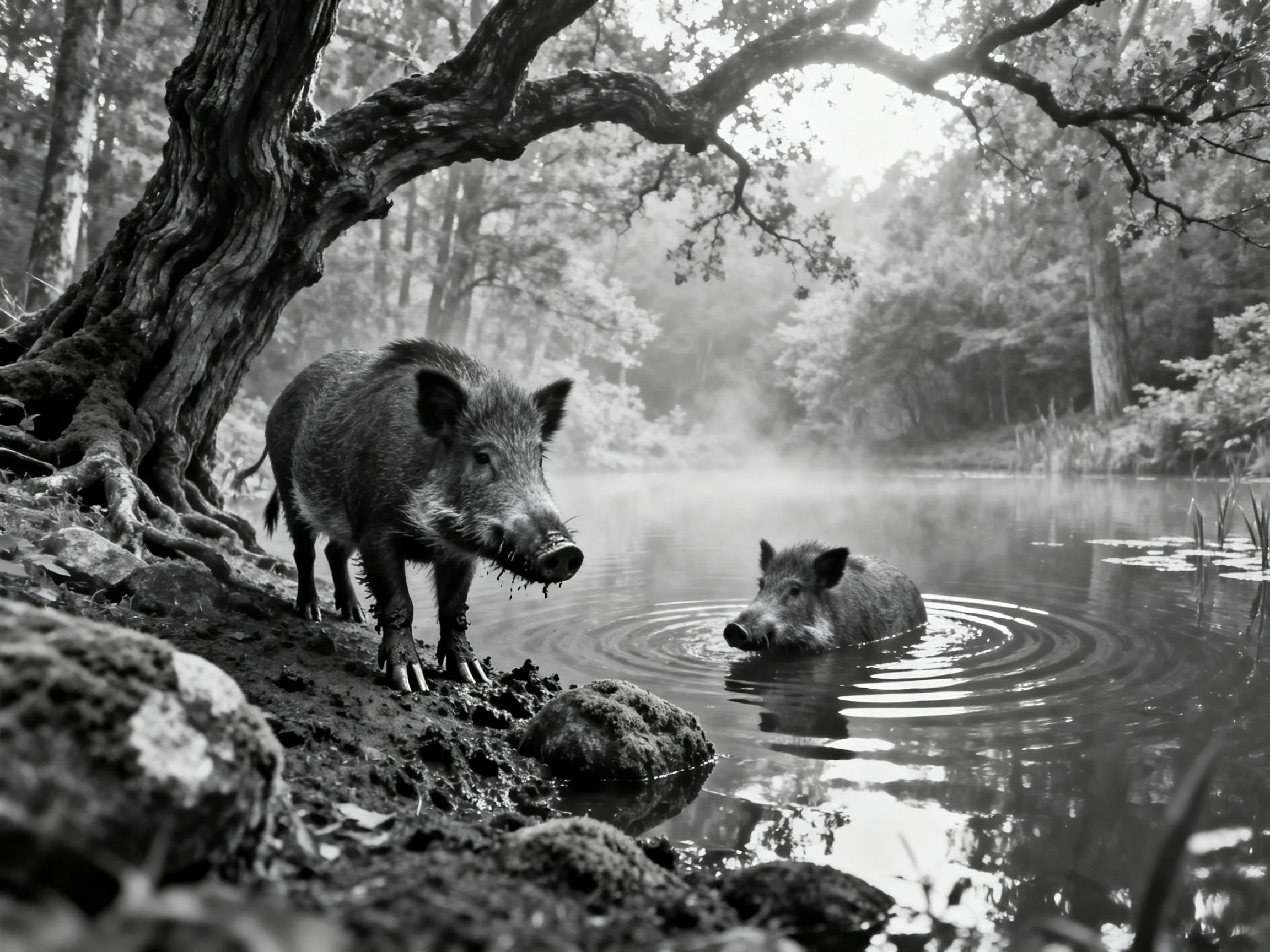 Two wild boars near a misty forest stream by gnarled trees