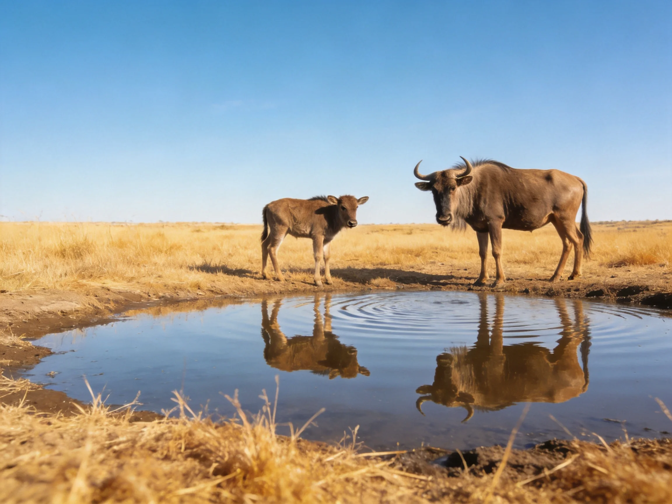Two wildebeests and a young one by a reflective waterhole in golden savannah