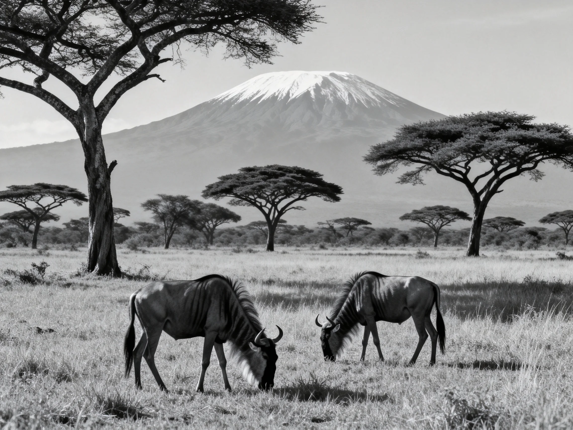 Two wildebeests graze in savannah near acacia trees with snow-capped mountain