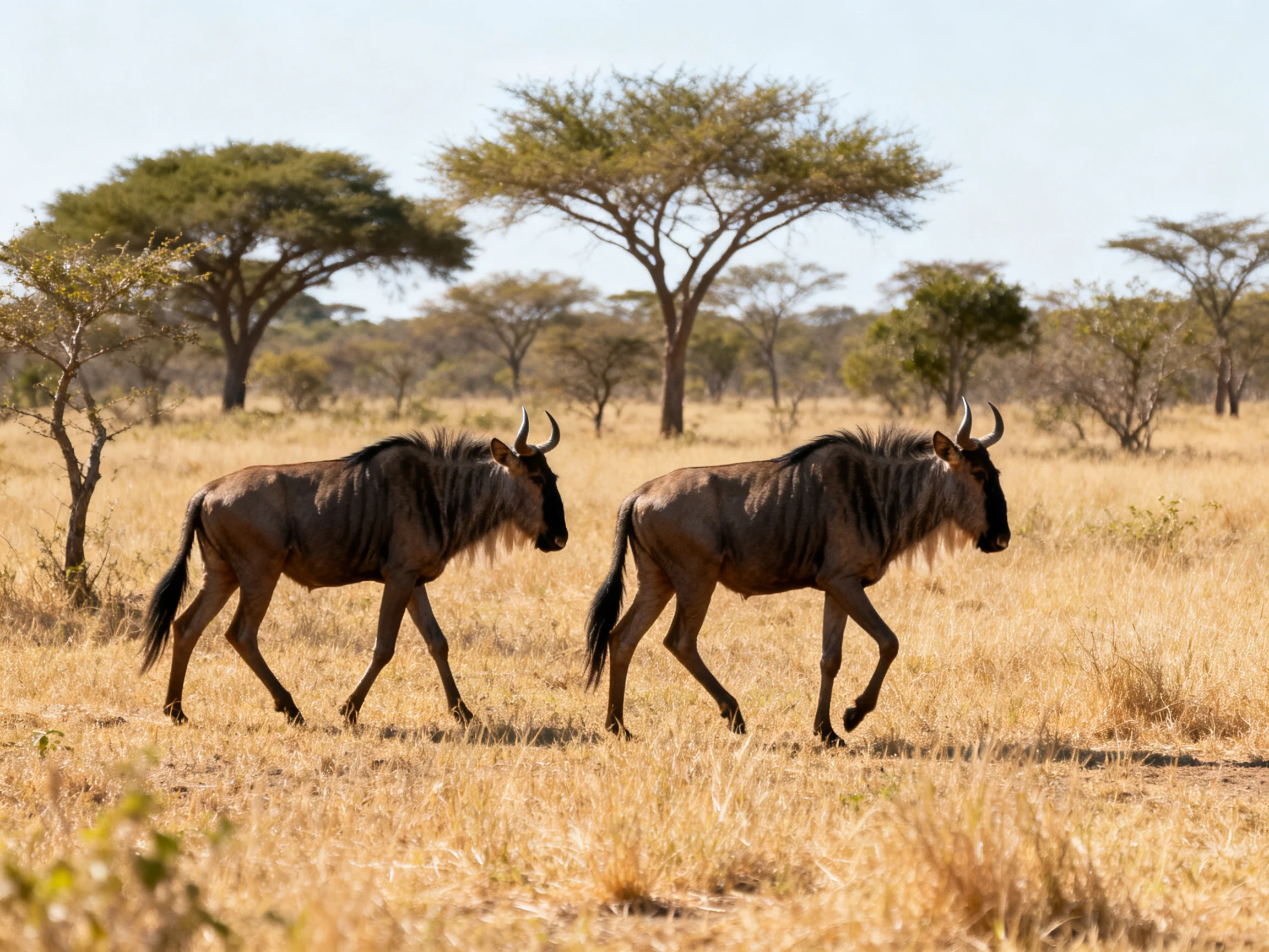 Two wildebeests move through a sunlit savannah with dry grass and trees