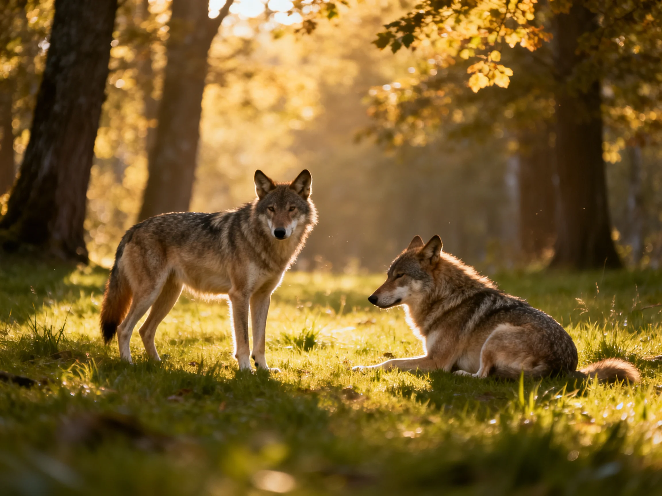 Two wolves interact in a sunlit forest clearing