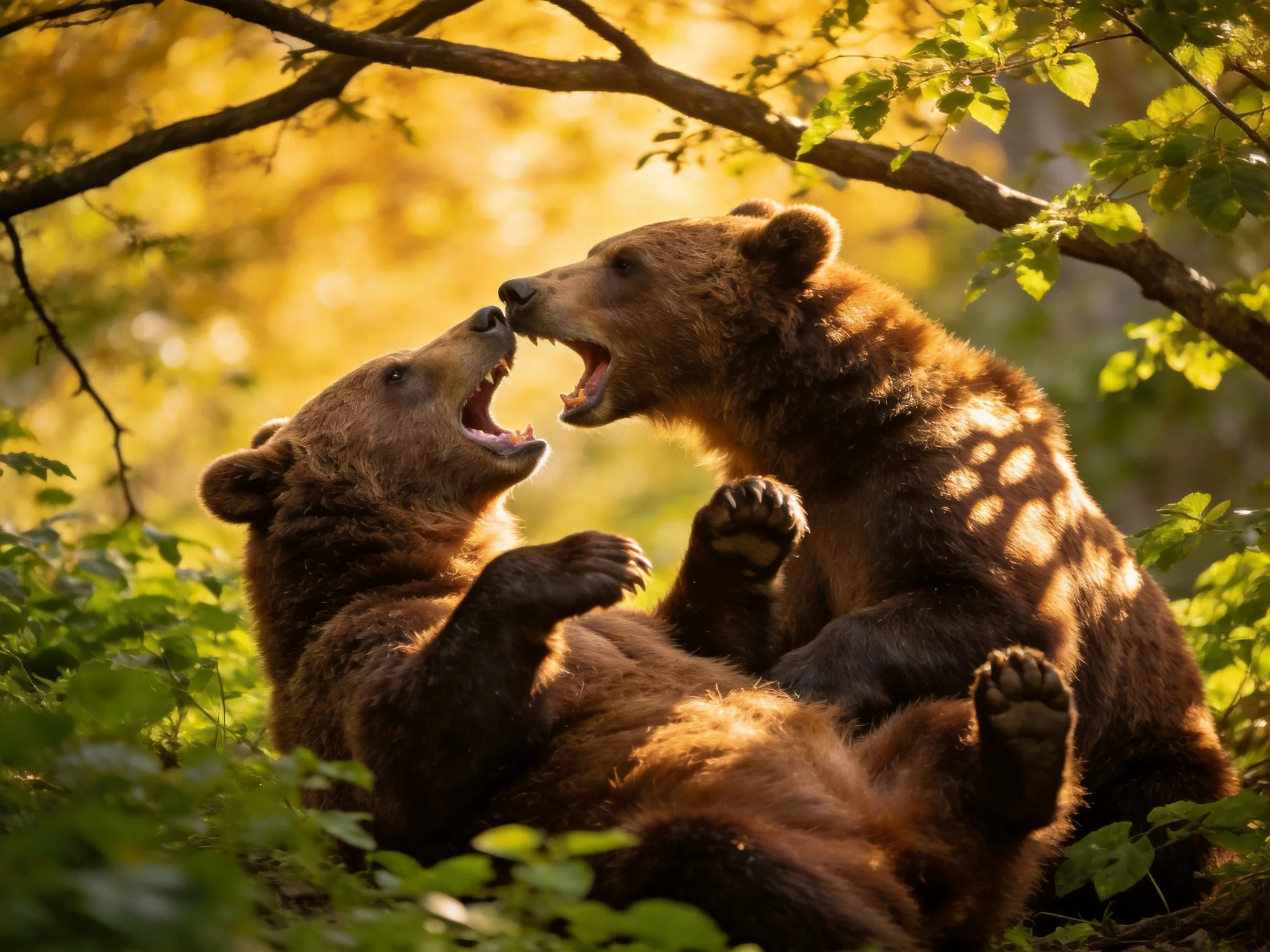Two young brown bears playfully interact in a sunlit forest.