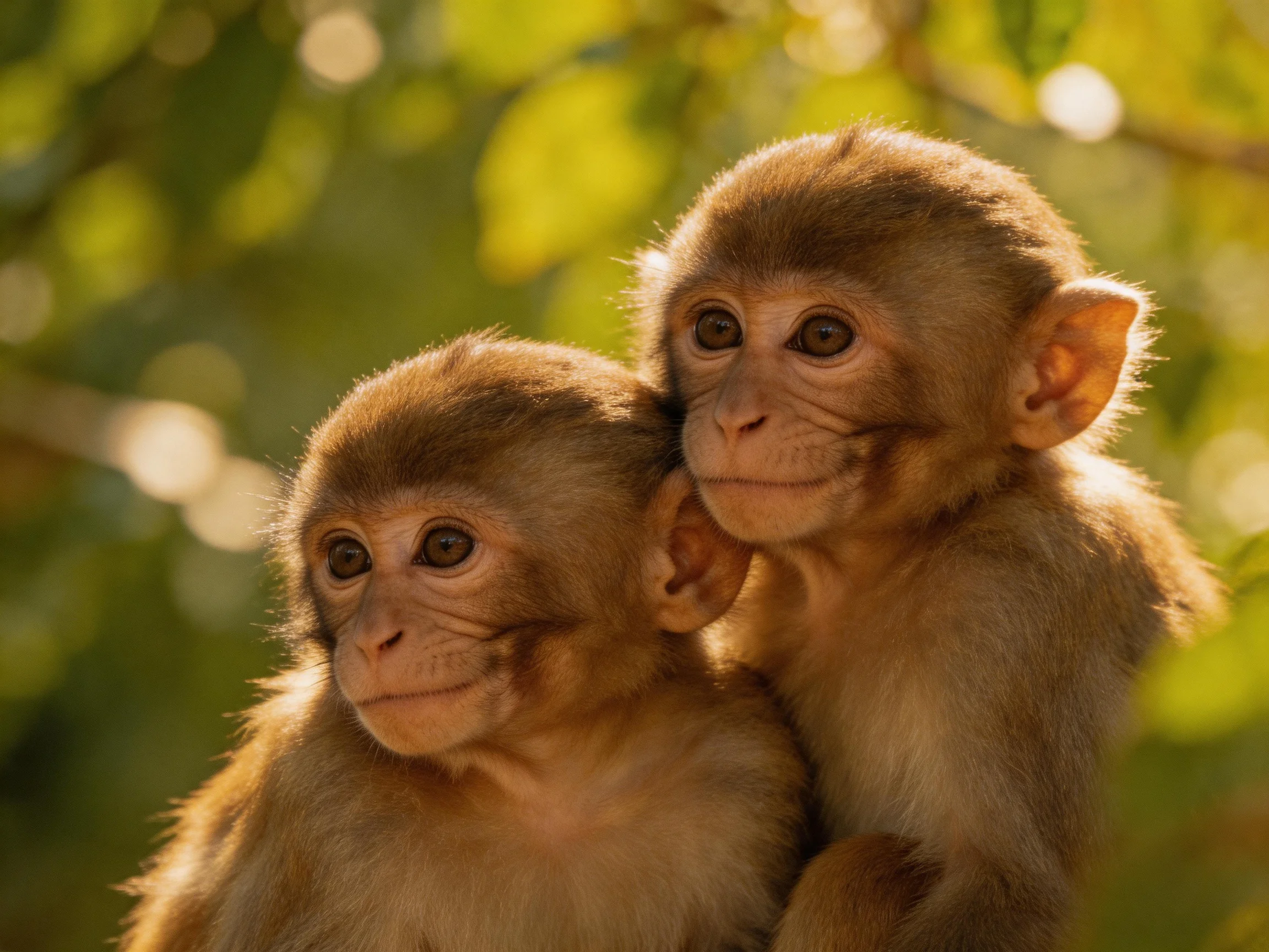 Two young brown monkeys cuddling in a sun-dappled forest setting