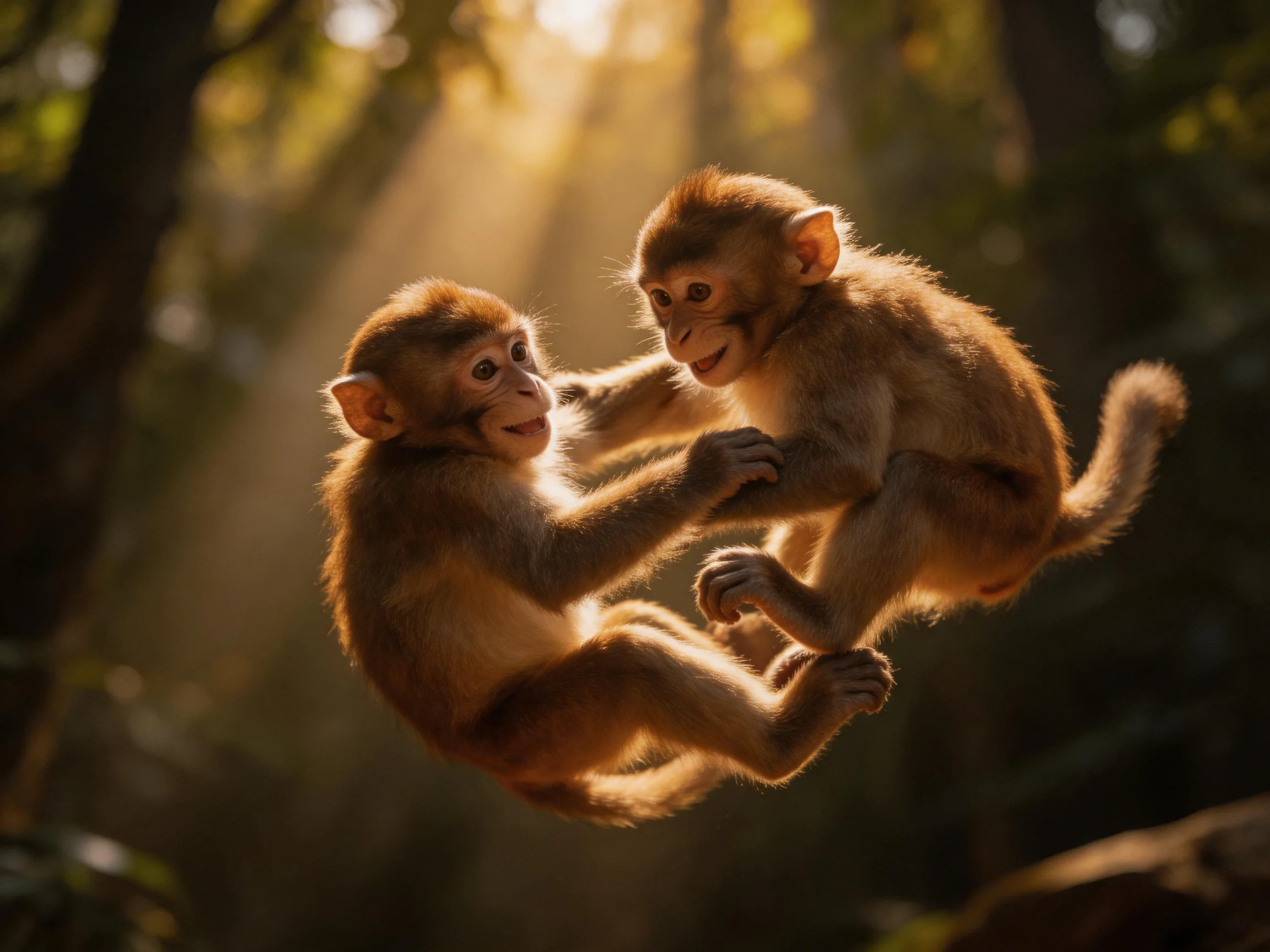Two young brown monkeys interact in a sun-dappled forest