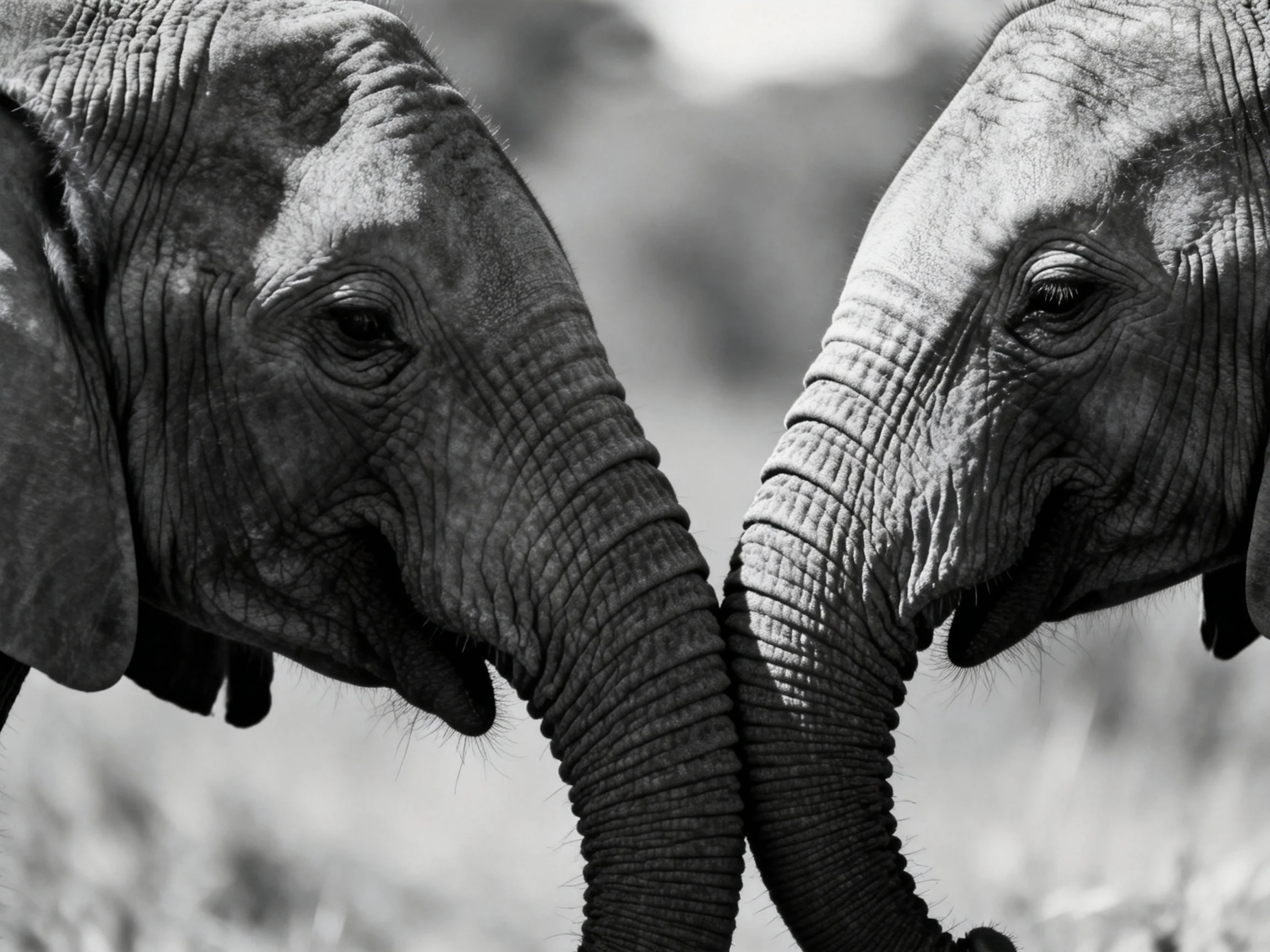 Two young elephants nuzzling trunks in a natural landscape