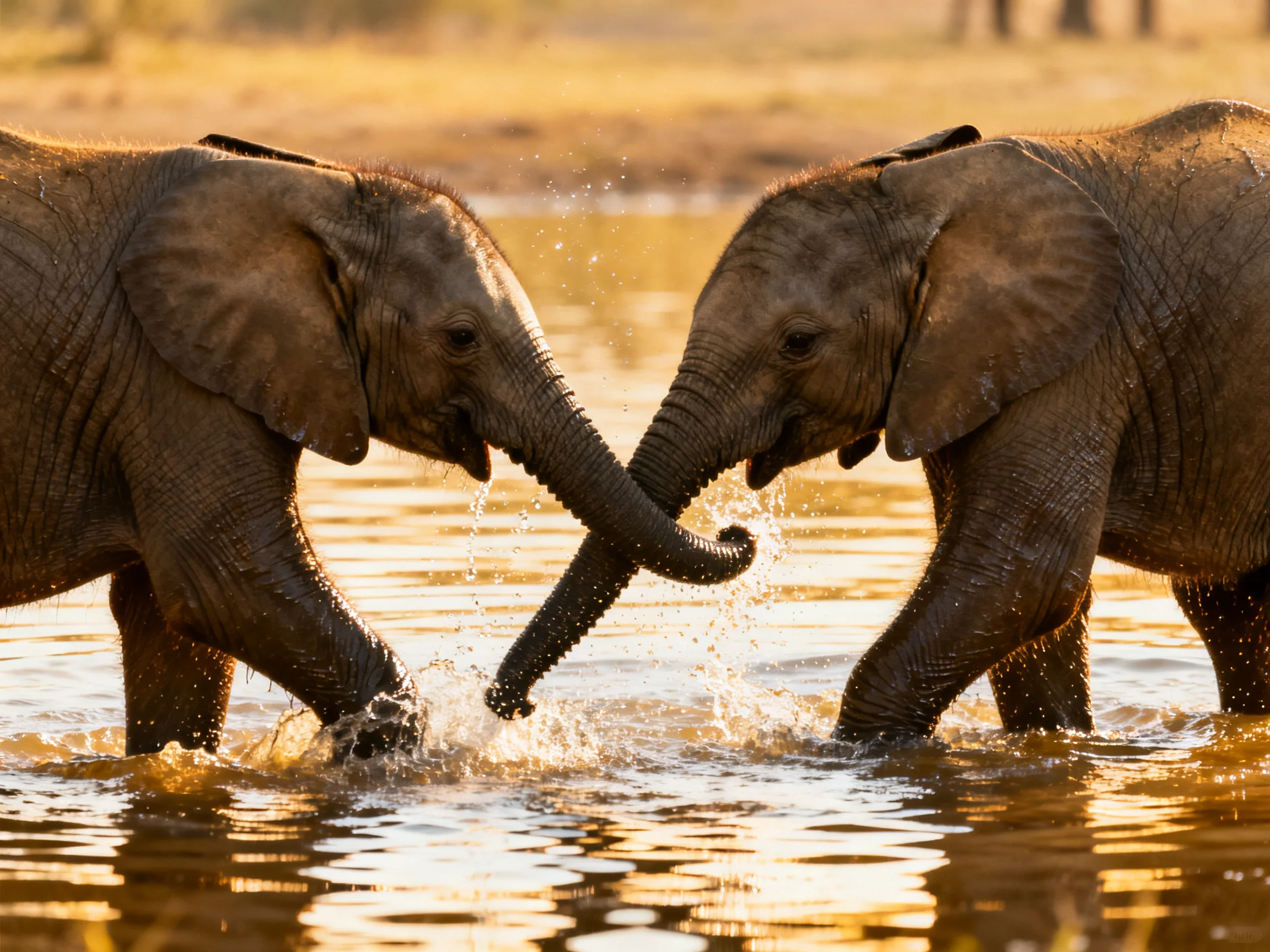 Two young elephants playfully interact in golden water