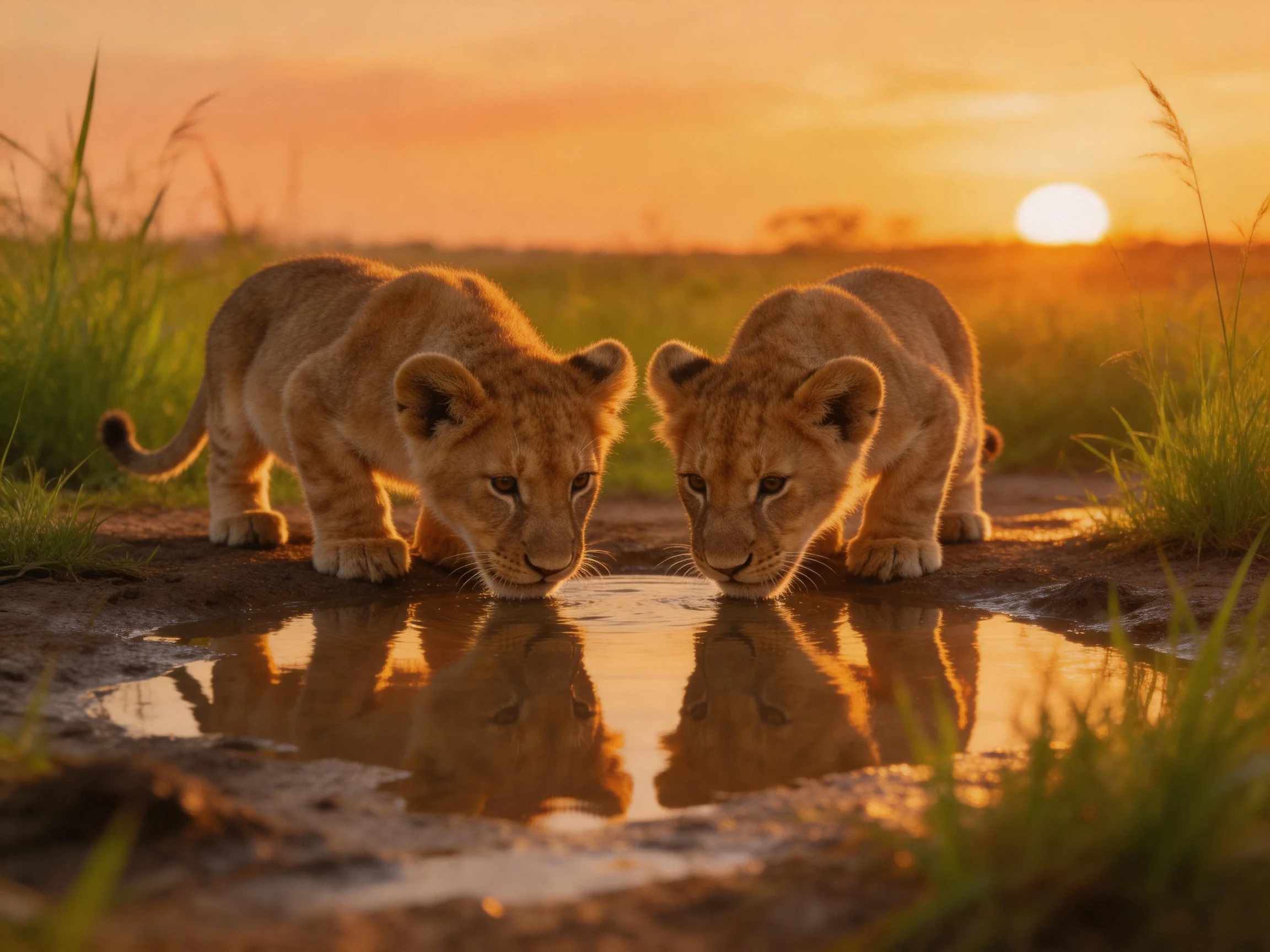 Two young lions drink from a reflective pool during golden hour