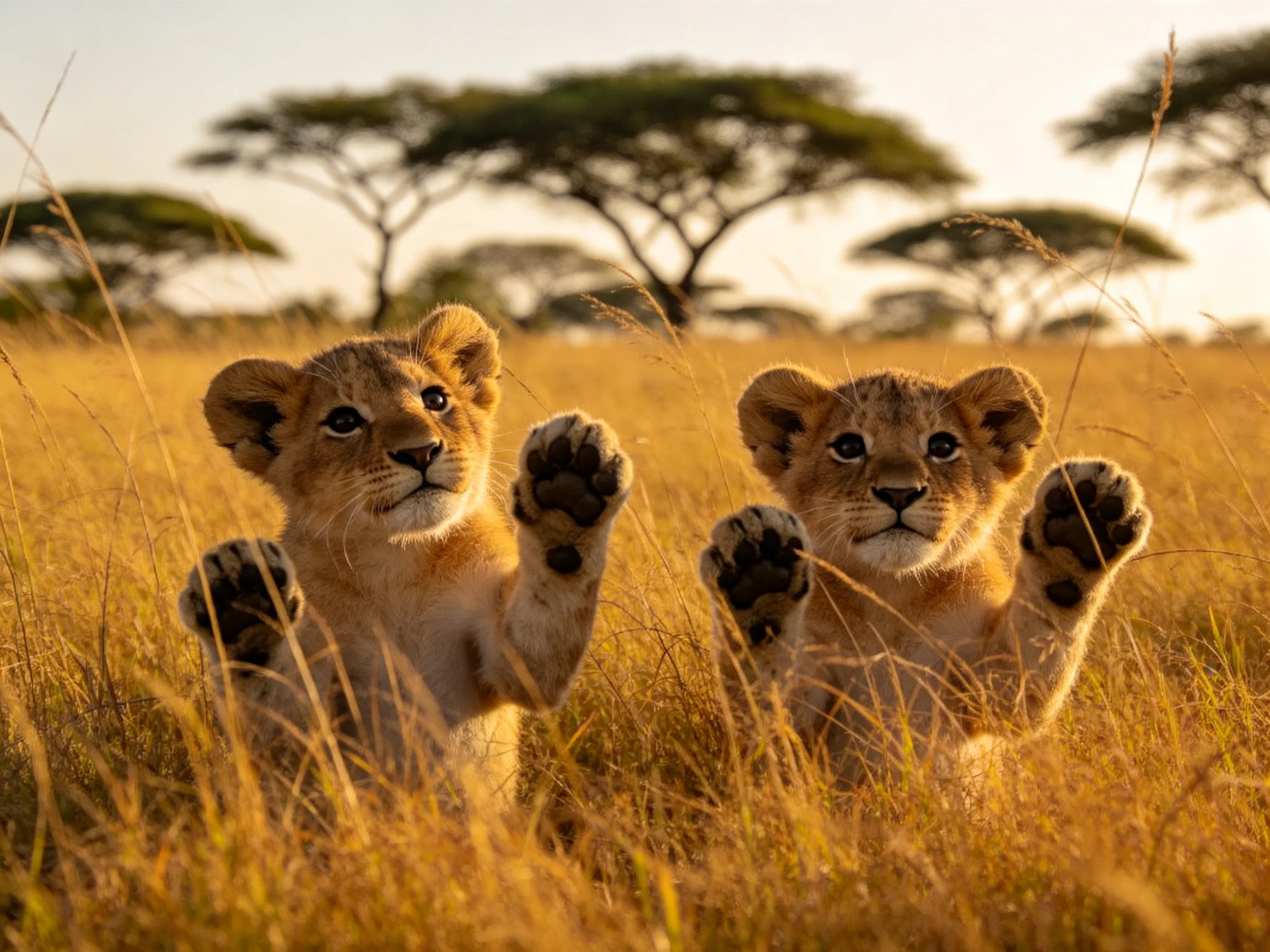 Two young lions peeking from tall golden grasses under acacia trees