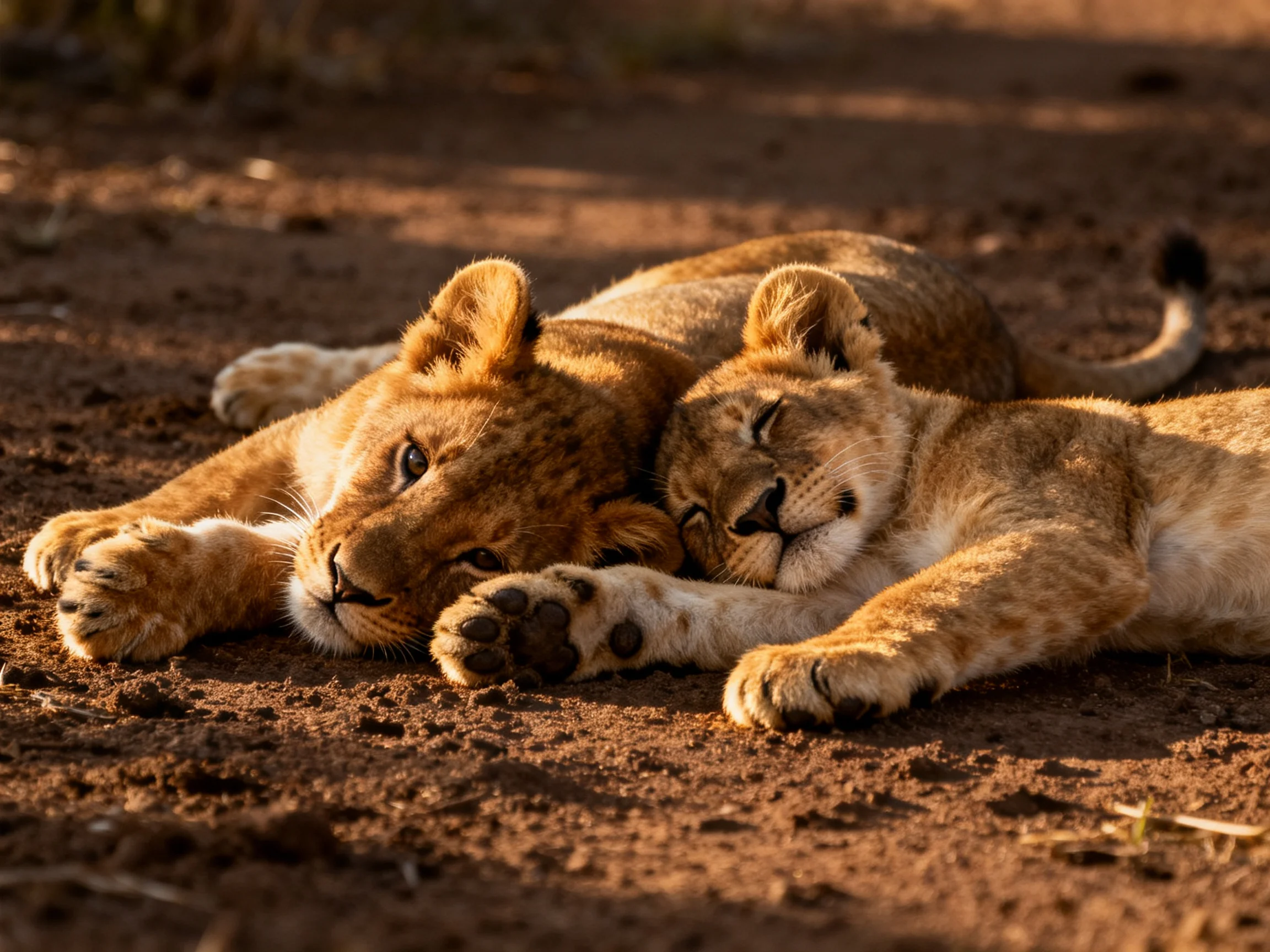 Two young lions rest closely on reddish-brown soil