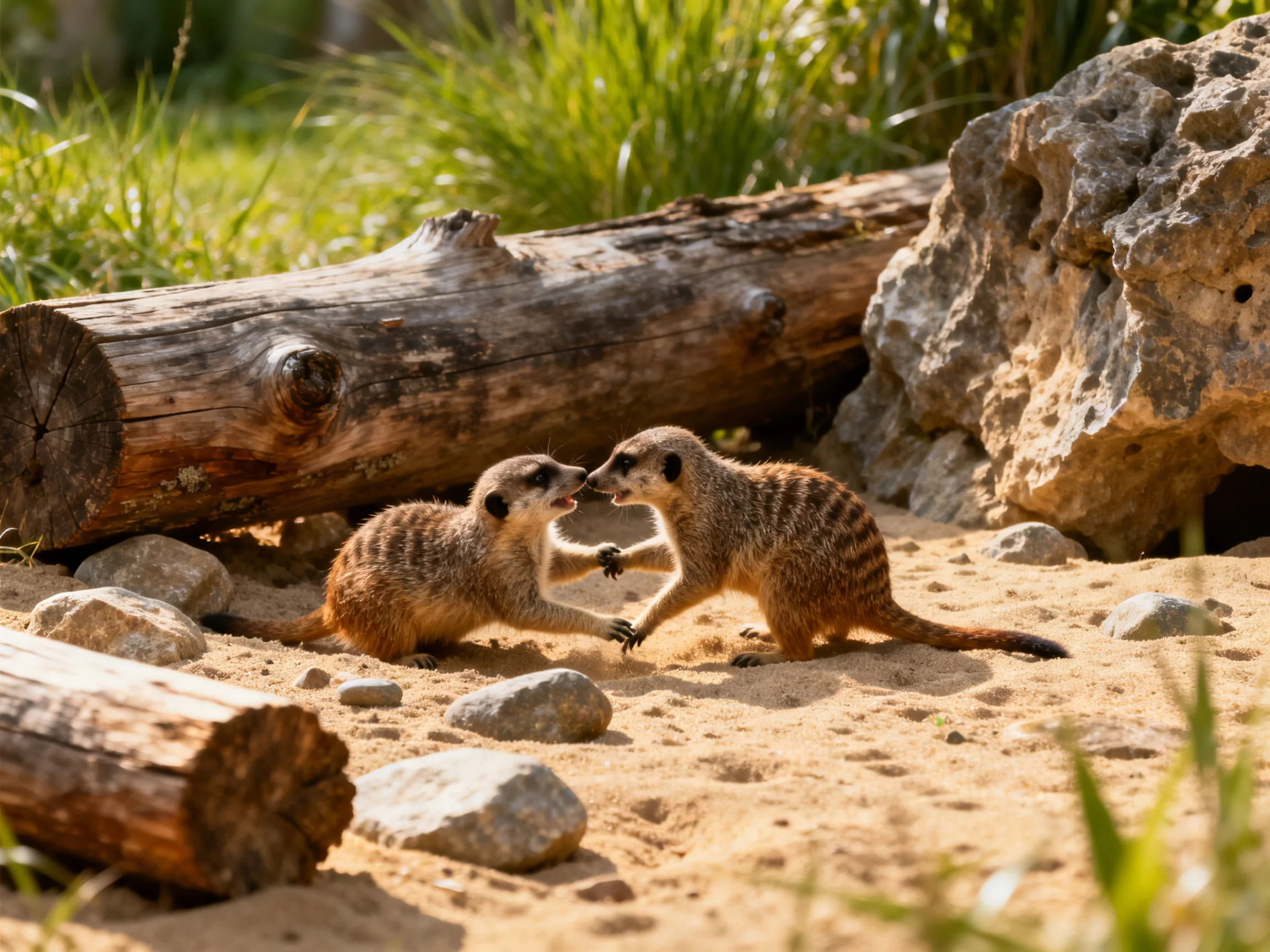 Two young meerkats interact near logs and rocks in a sunlit enclosure