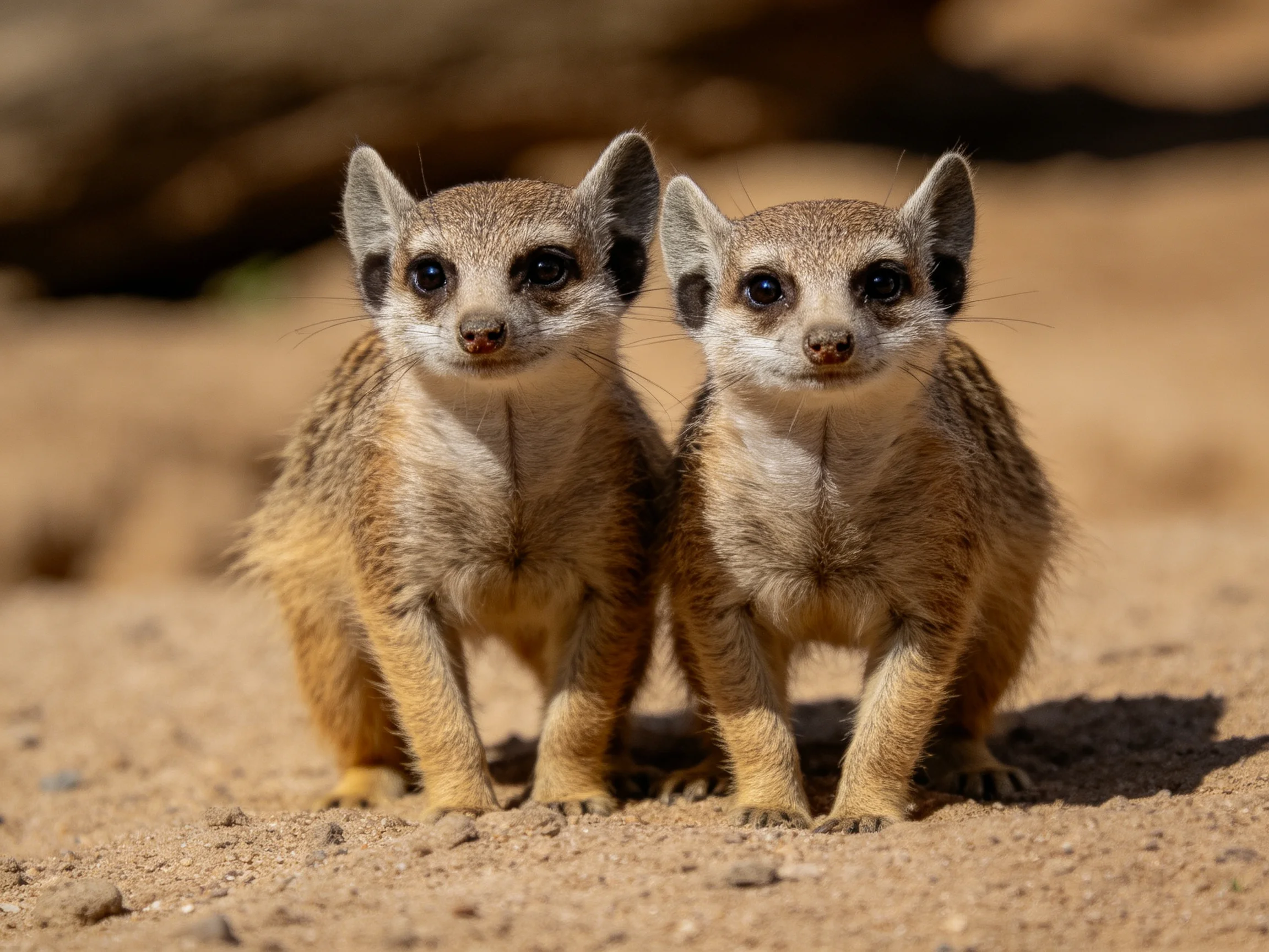 Two young meerkats stand side by side on sandy ground