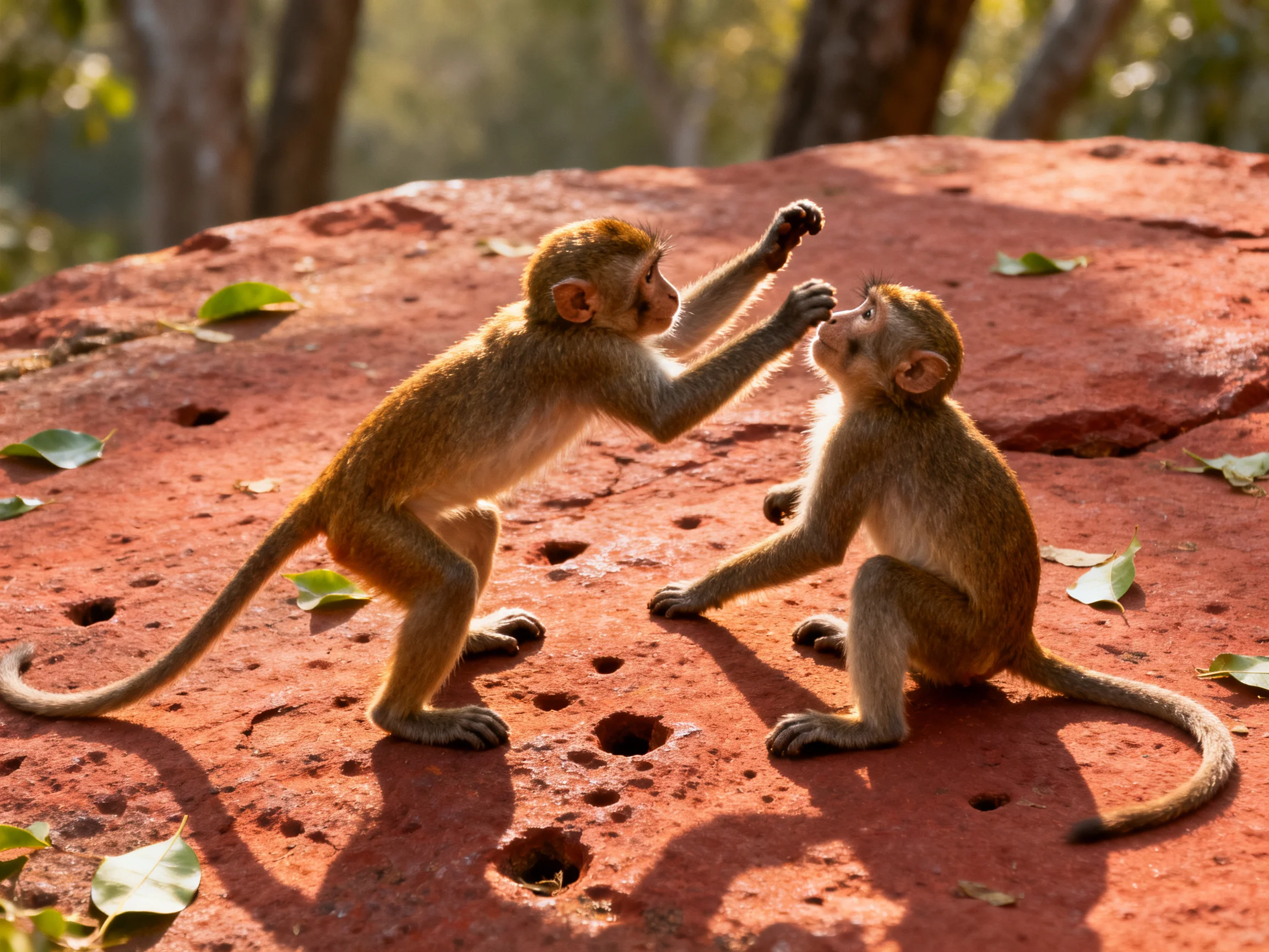 Two young monkeys playfully interact on a rocky surface.