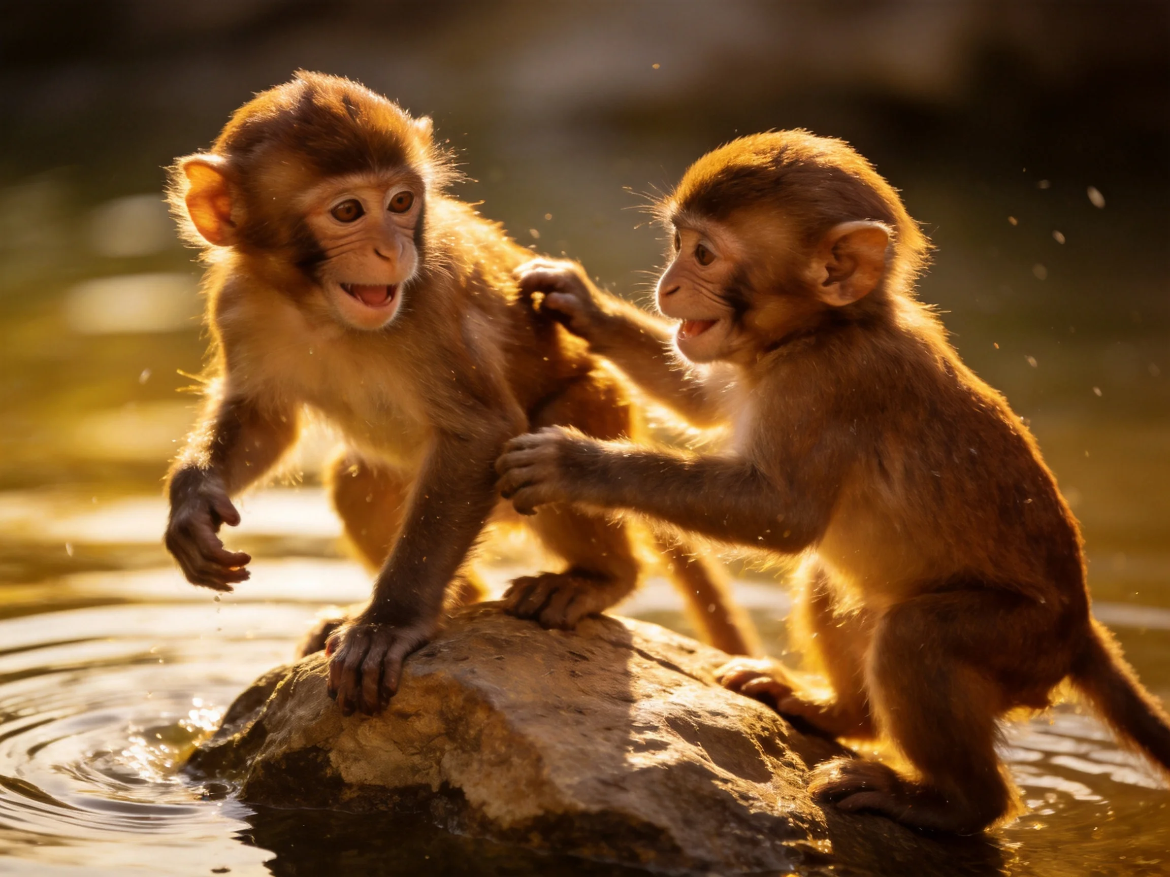 Two young monkeys interact on a rock amid shimmering water under golden light