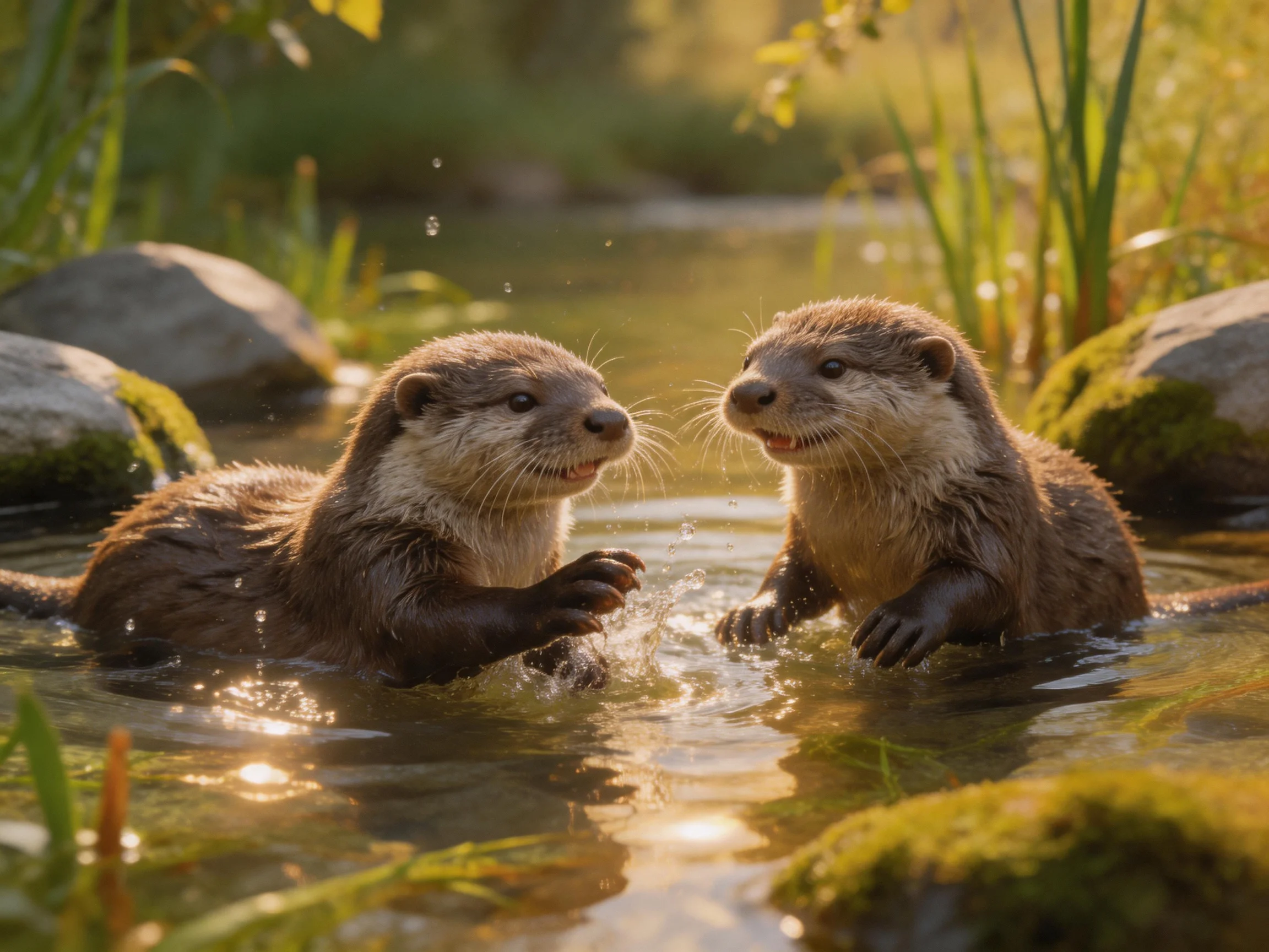 Two young otters play in a sunlit stream with mossy rocks