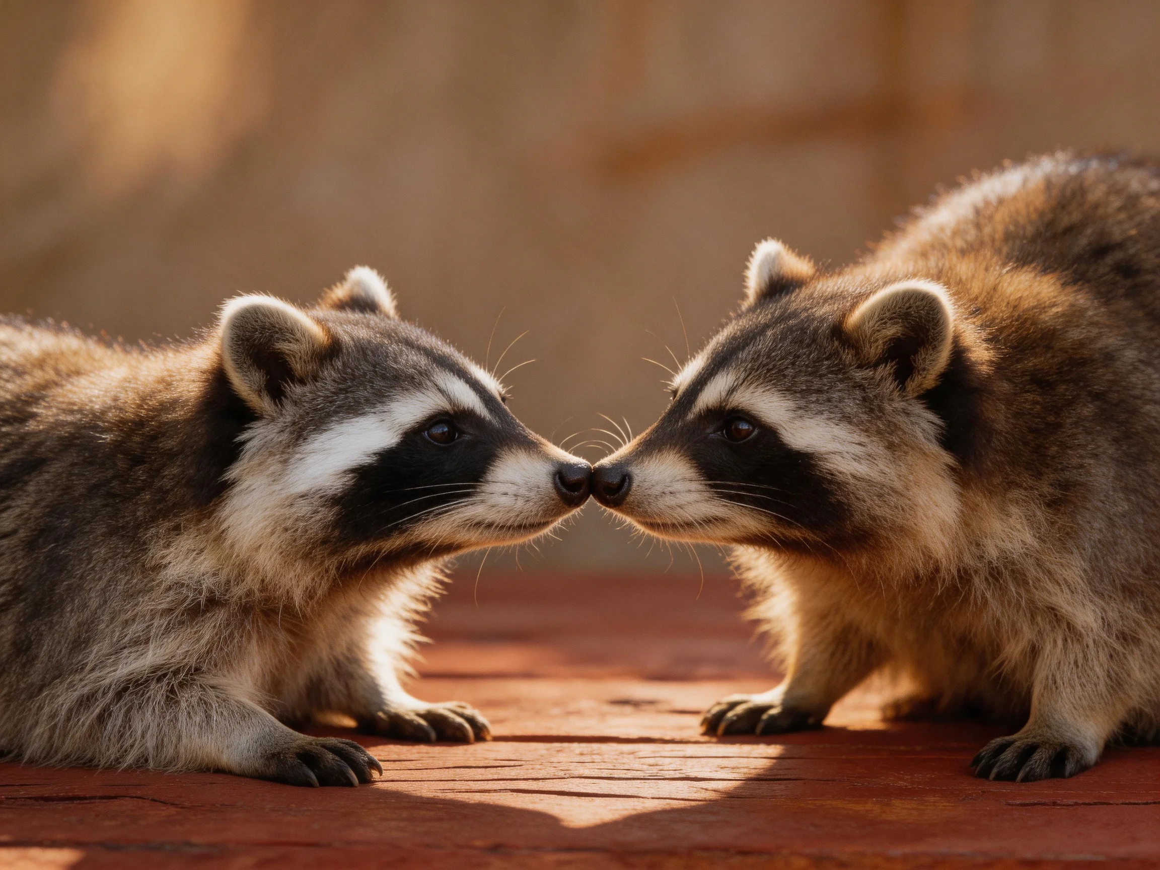Two young raccoons nuzzle closely on a reddish brick surface