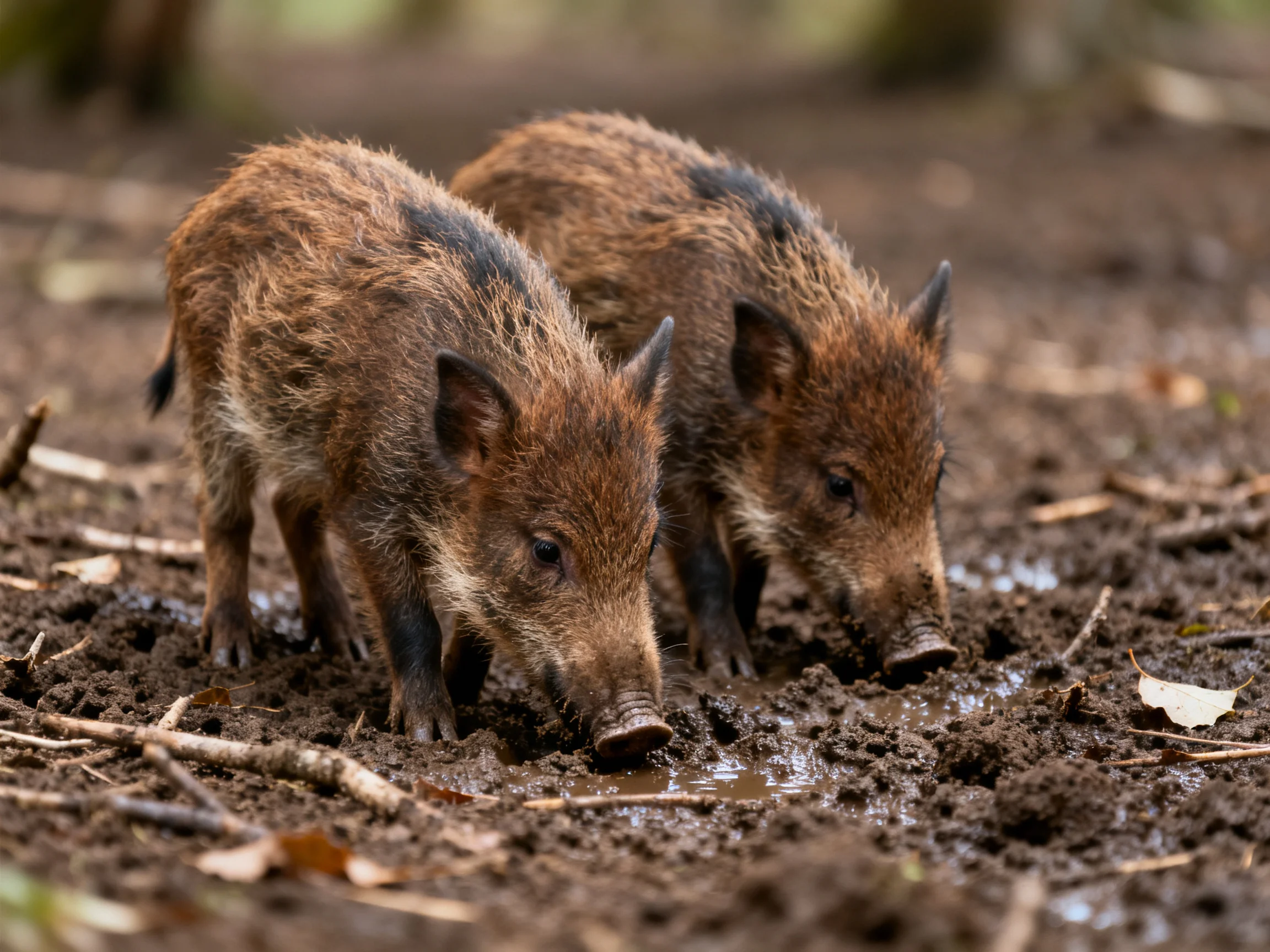 Two young boars explore muddy forest ground together.