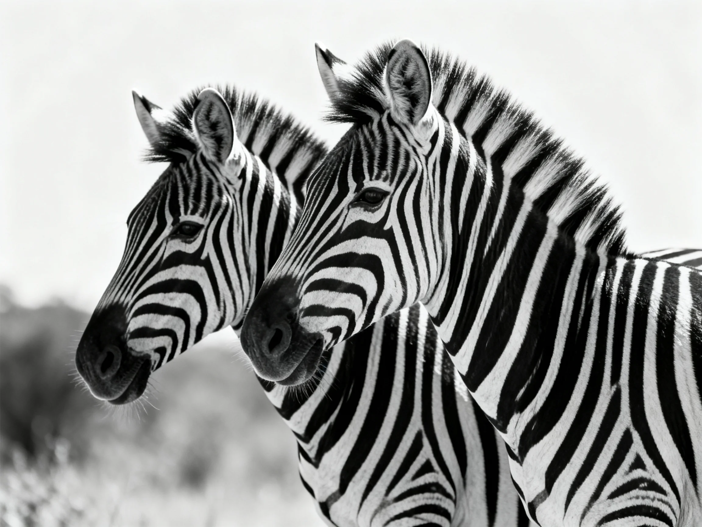 Two zebras display striking black-and-white striped patterns side by side