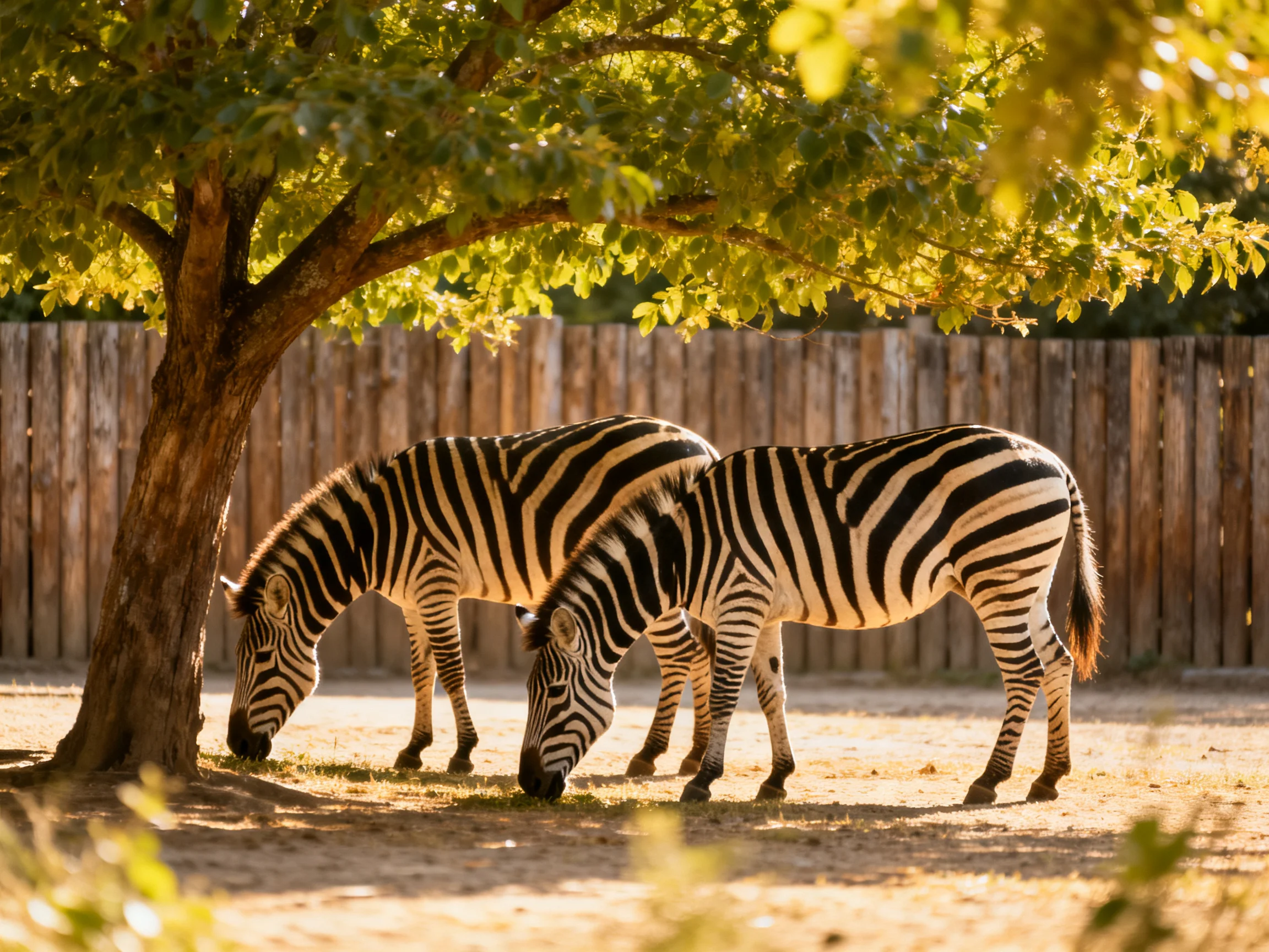 Two zebras graze beneath a leafy tree near a wooden fence