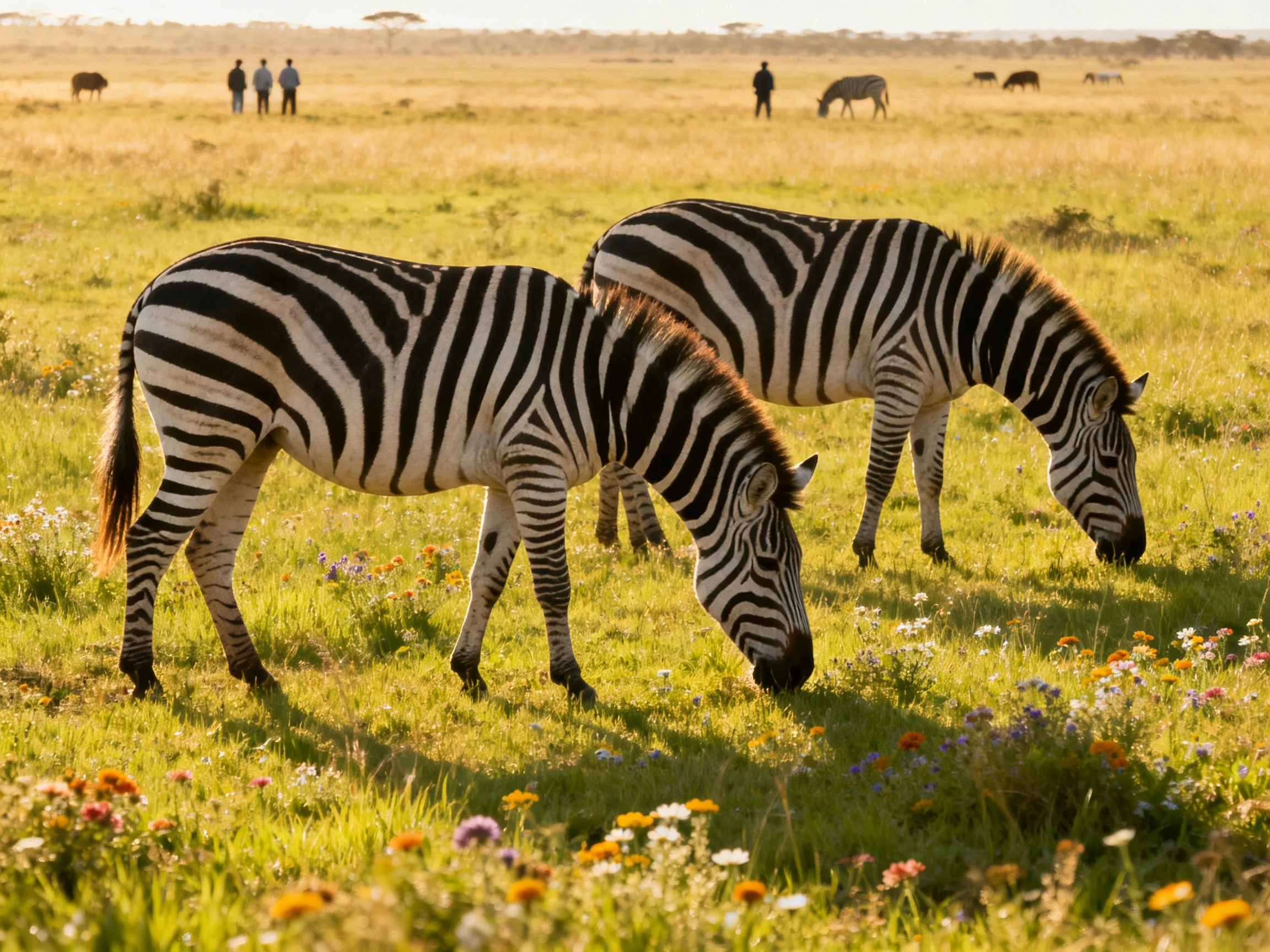 Two zebras graze in a flowered savannah with distant observers