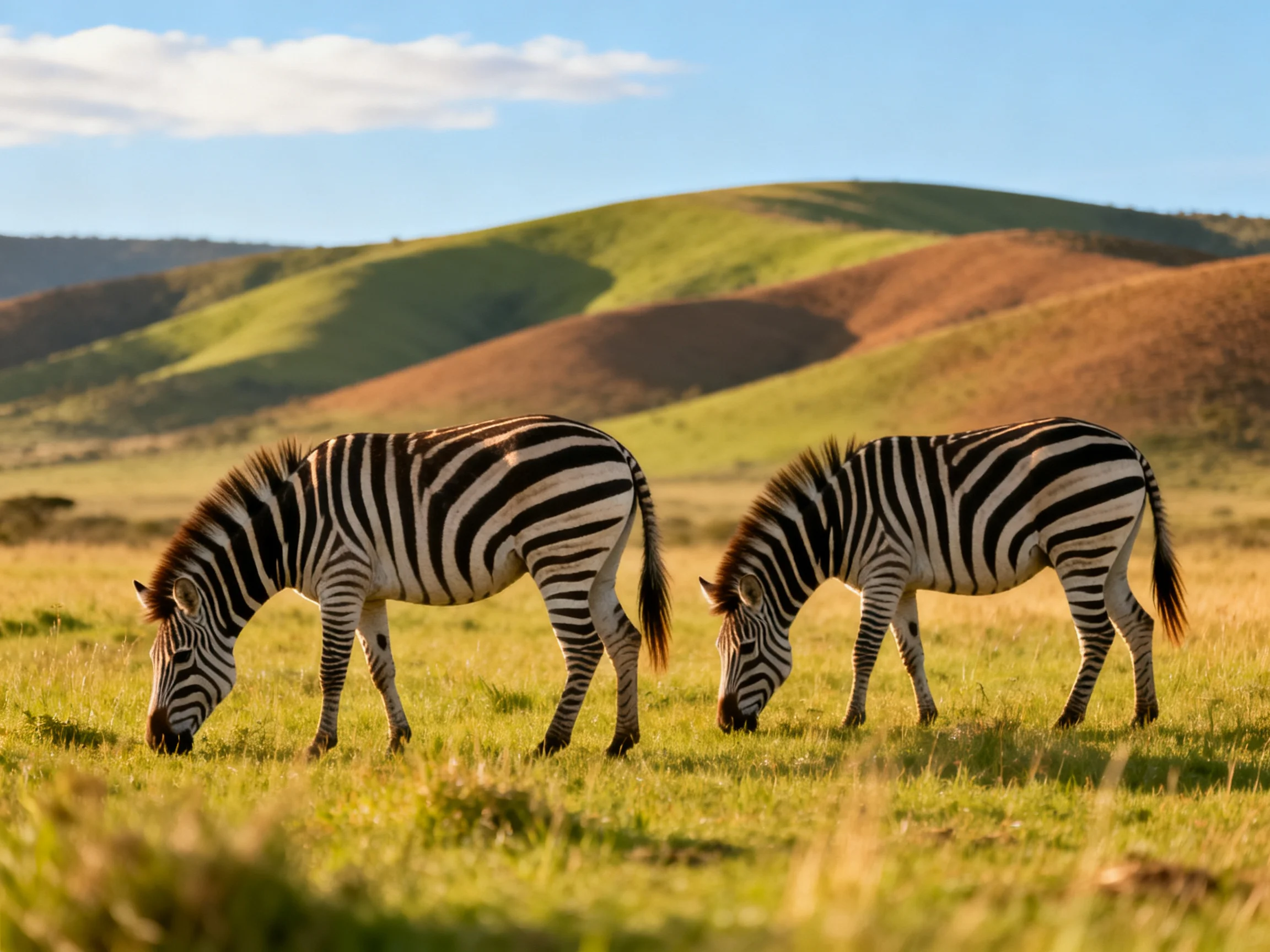 Two zebras graze in a golden savannah with rolling green hills