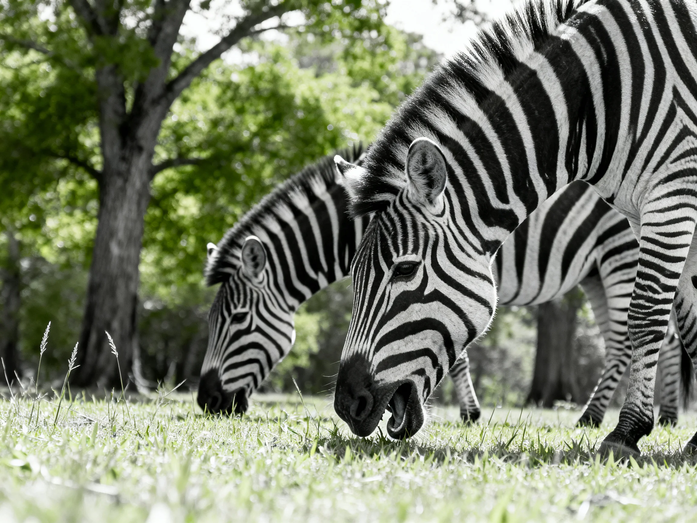 Two zebras graze in a lush green meadow near tall trees