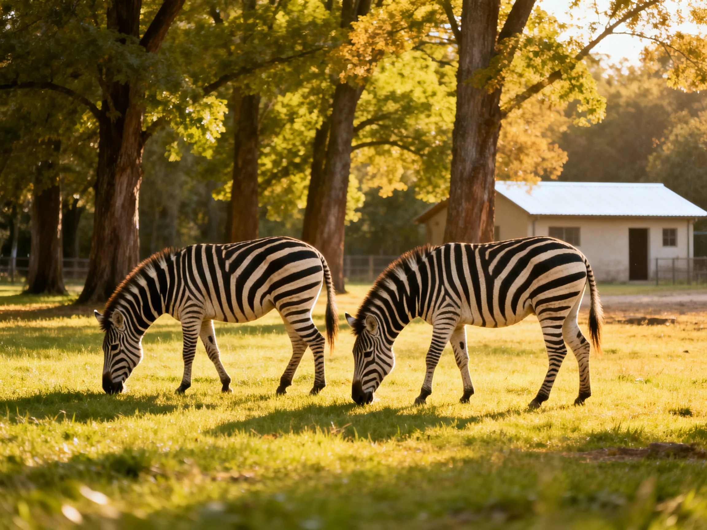 Two zebras graze in a sunlit field near tall trees
