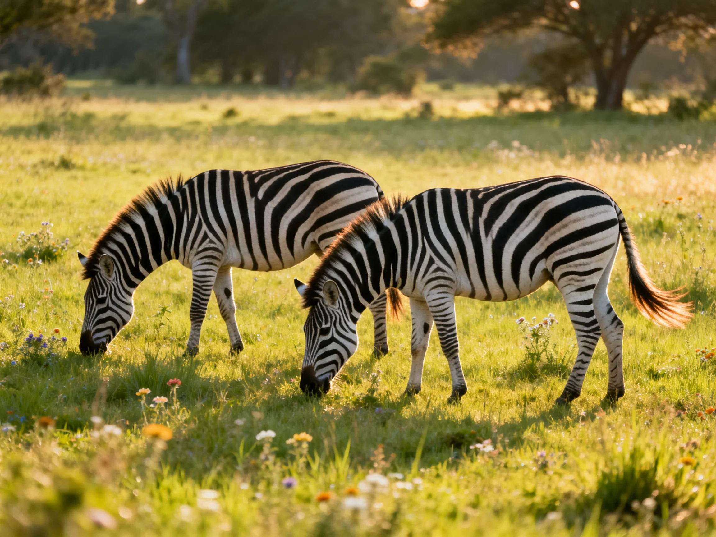 Two zebras graze together in a sunlit meadow.