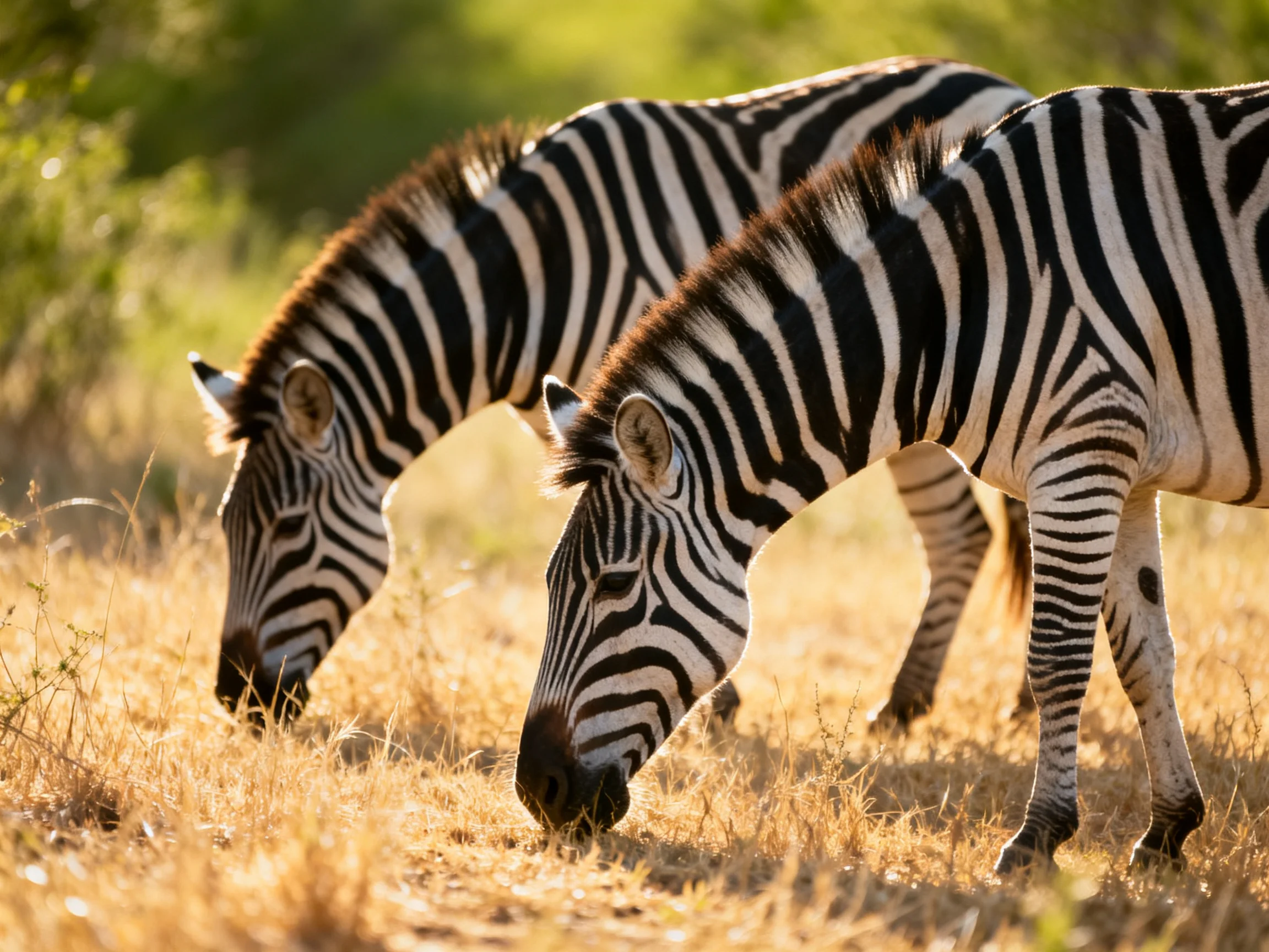 Two zebras graze in golden savannah grass with bold black stripes