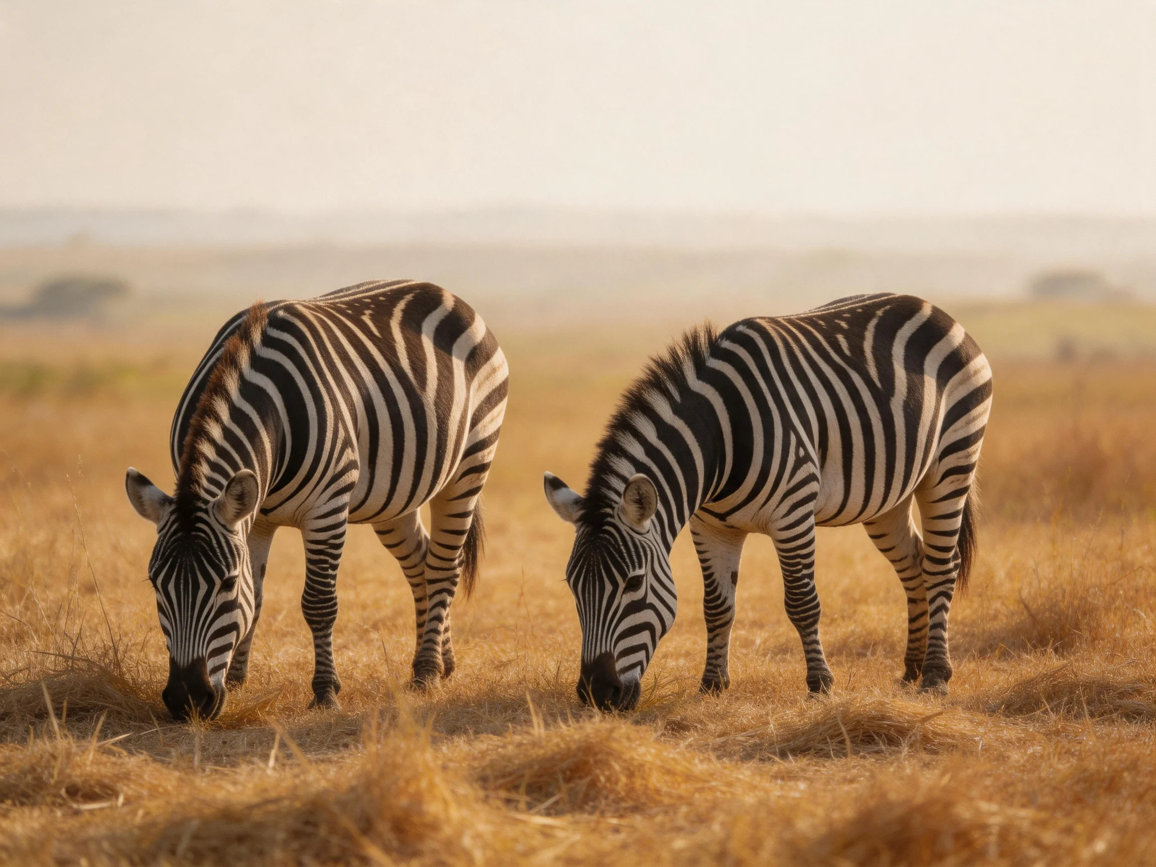 Two zebras graze in golden savannah grasslands with bold black-and-white stripes