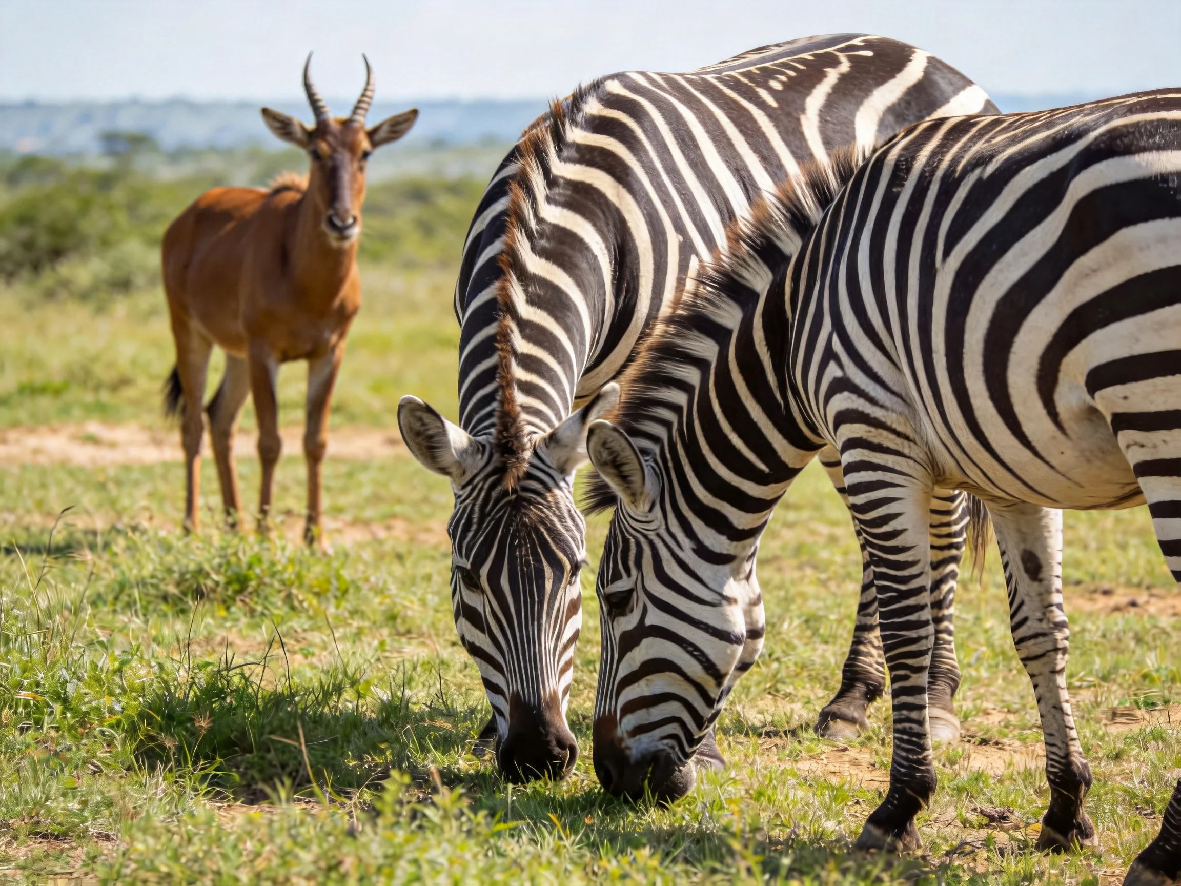 Two zebras graze near a single antelope in a sunlit savannah