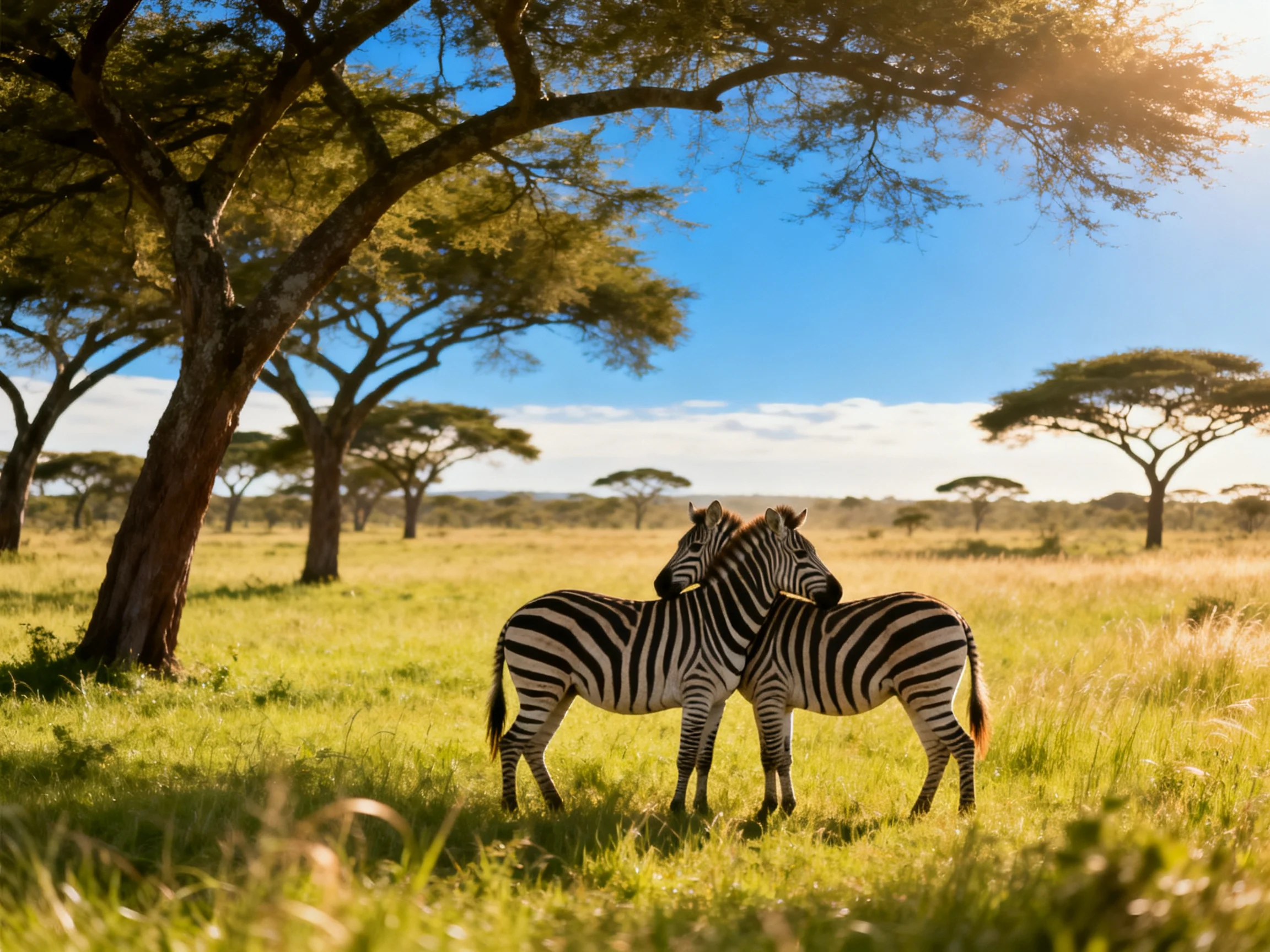 Two zebras nuzzle in a sunlit savannah with acacia trees