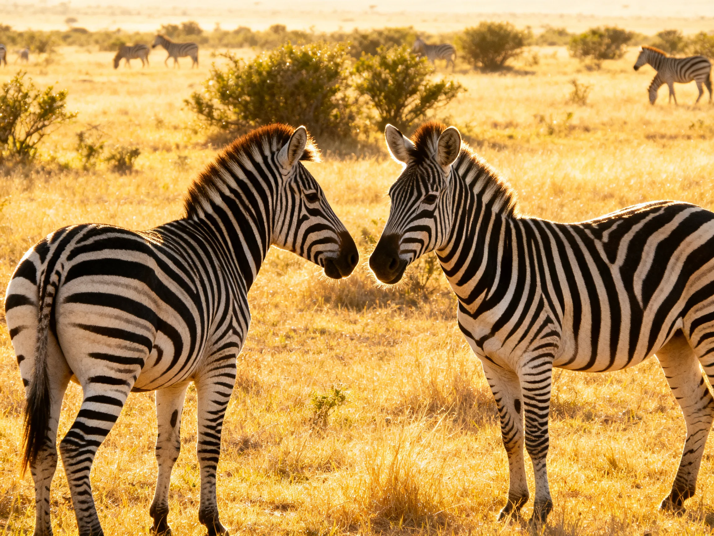 Two zebras nuzzle in sunlit golden savannah with distant zebras