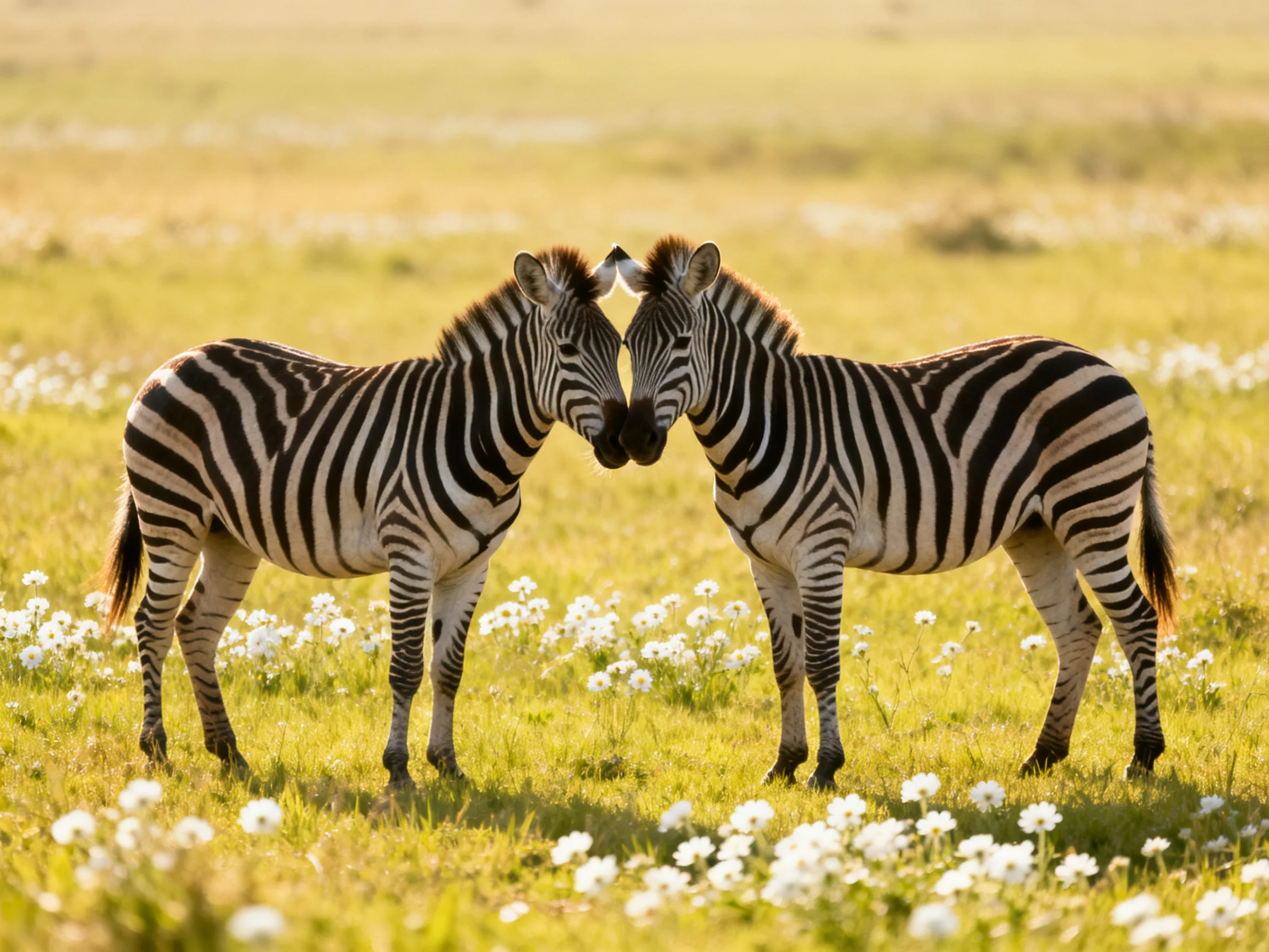 Two zebras nuzzling amid a flower-speckled grassland