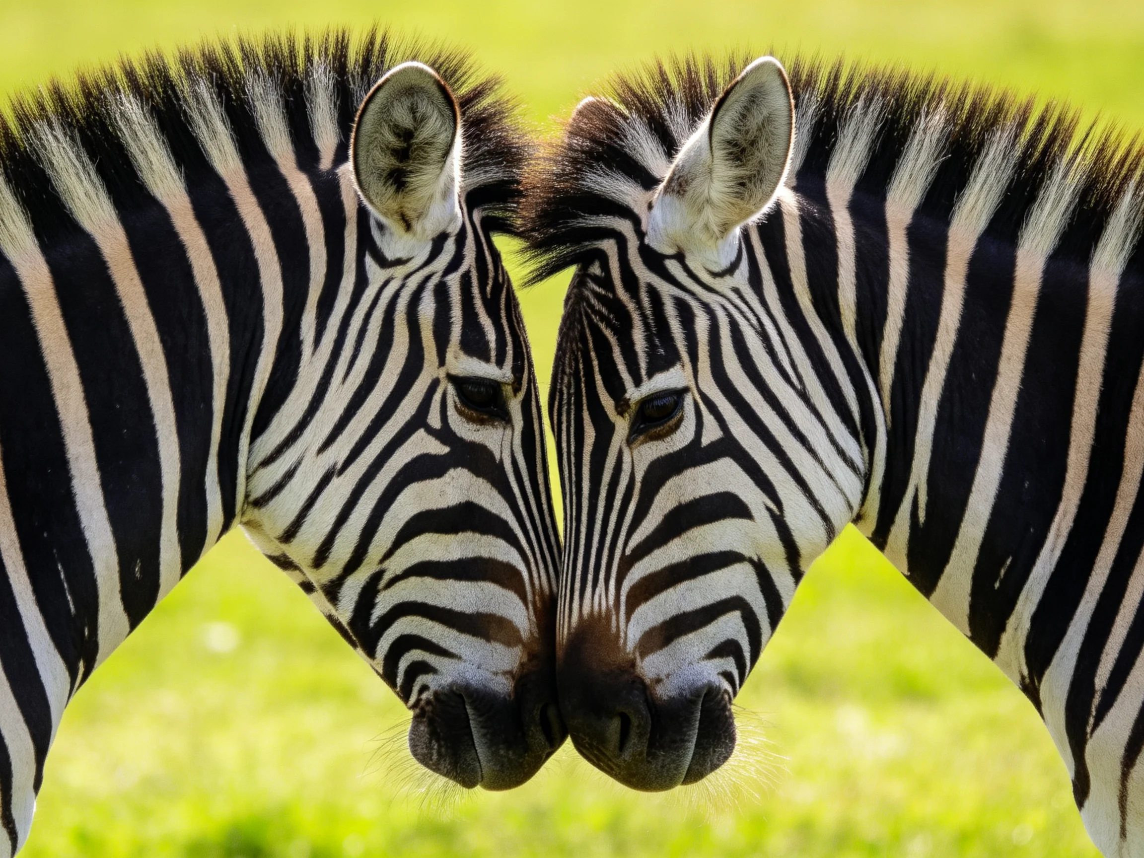 Two zebras nuzzling, black and white stripes on a green field