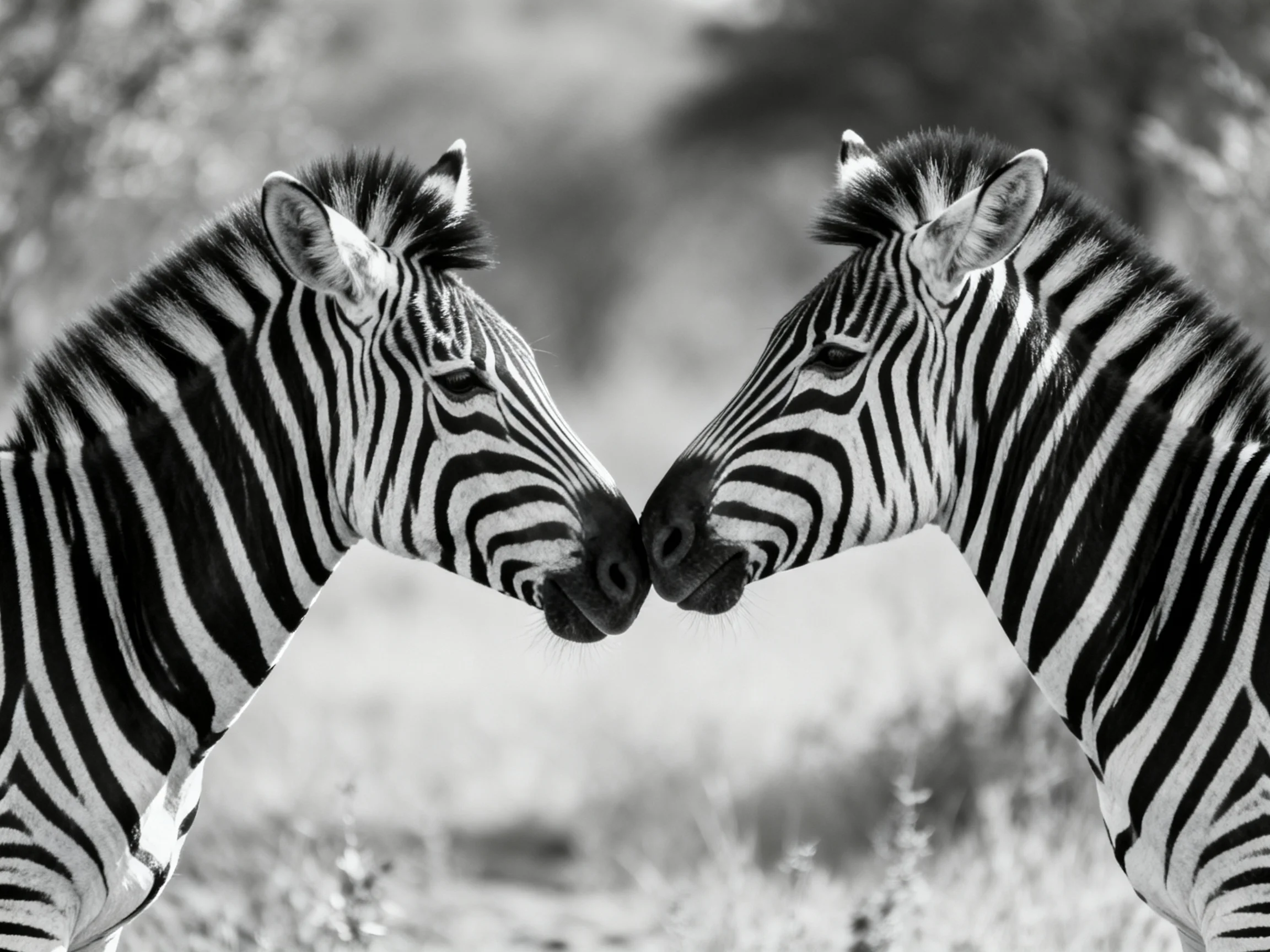 Two zebras nuzzling, contrasting black-and-white stripes, natural habitat