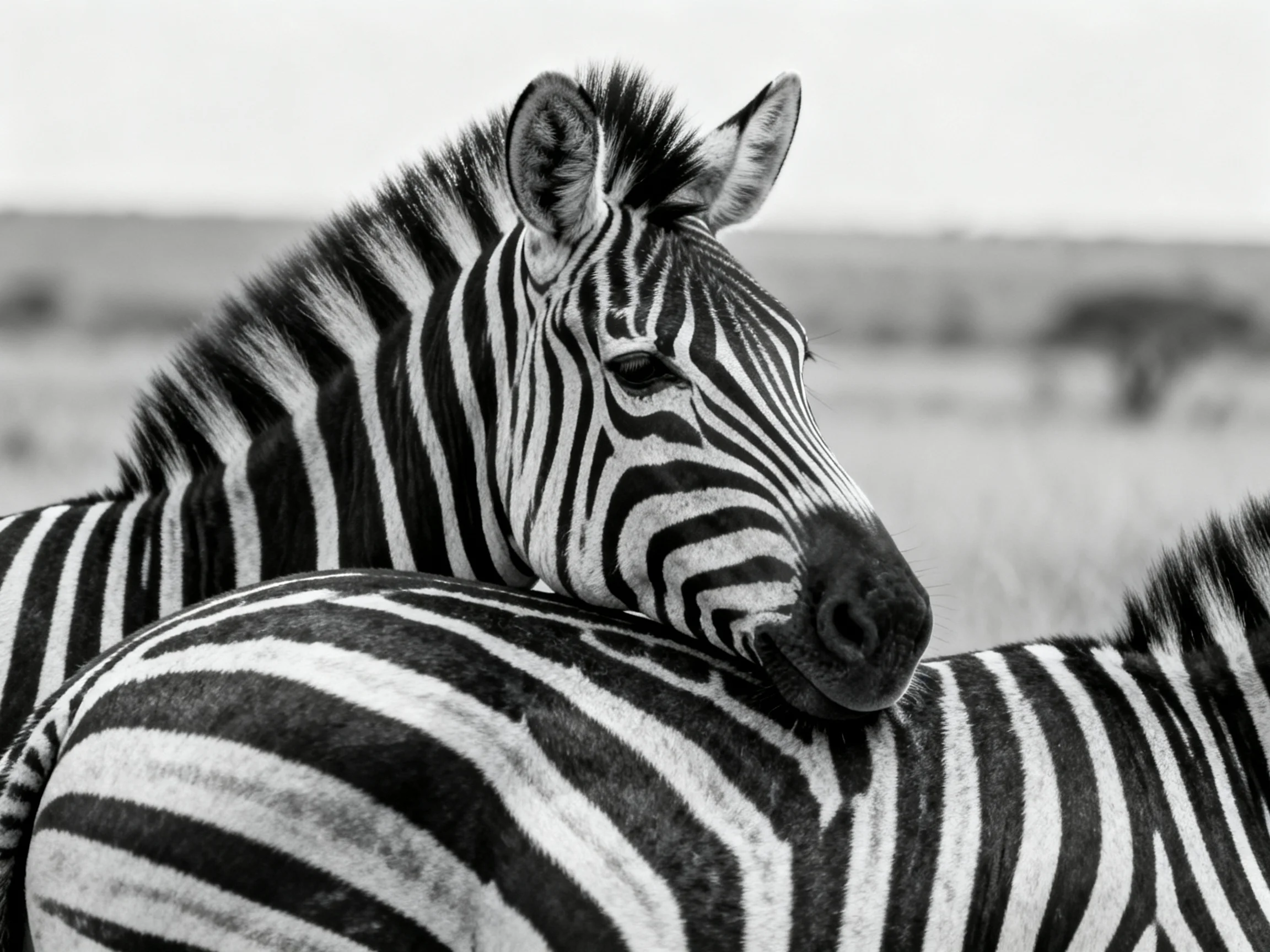 Two zebras nuzzling in a savannah landscape