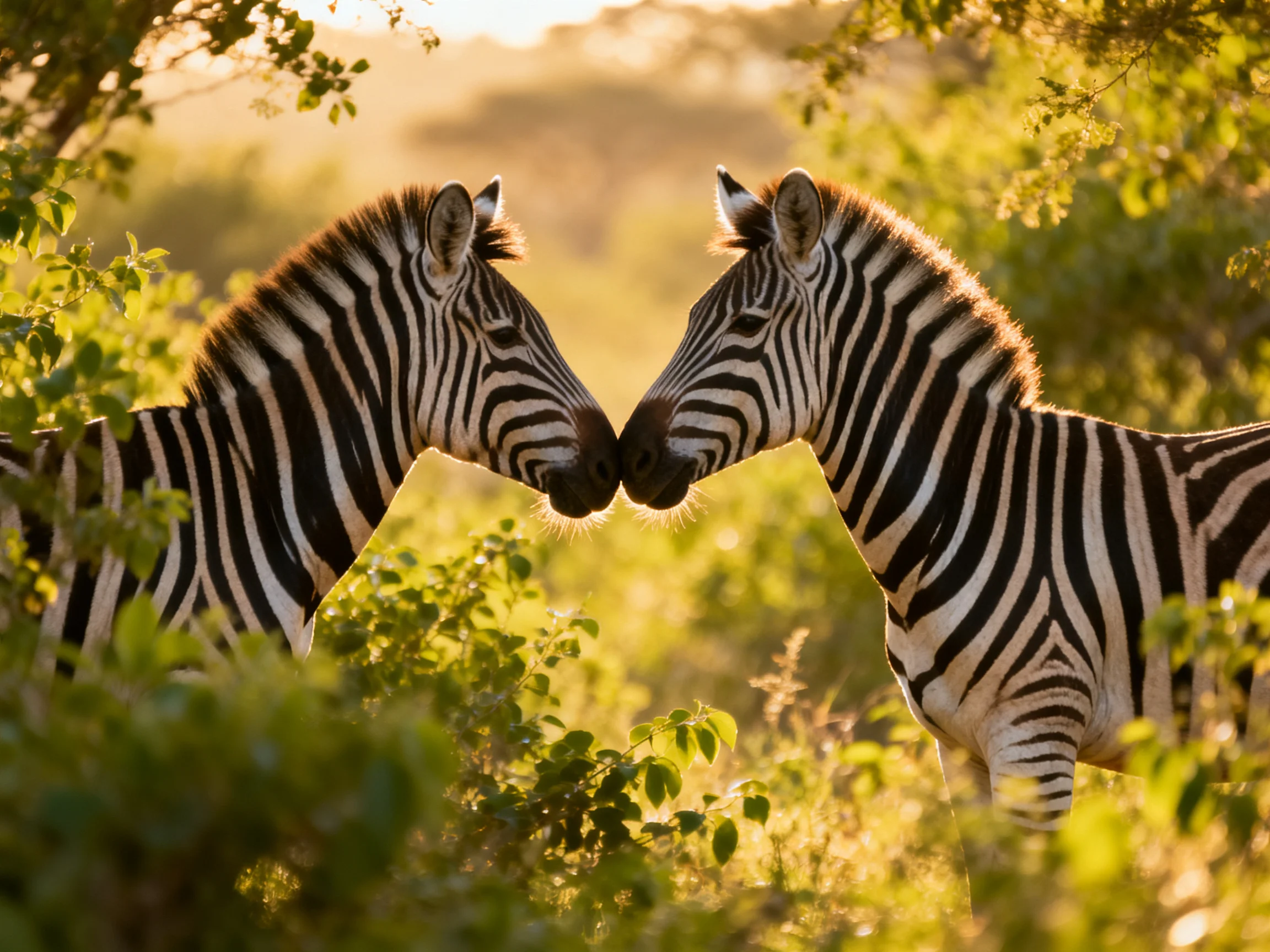 Two zebras nuzzling in a sunlit green foliage-filled landscape