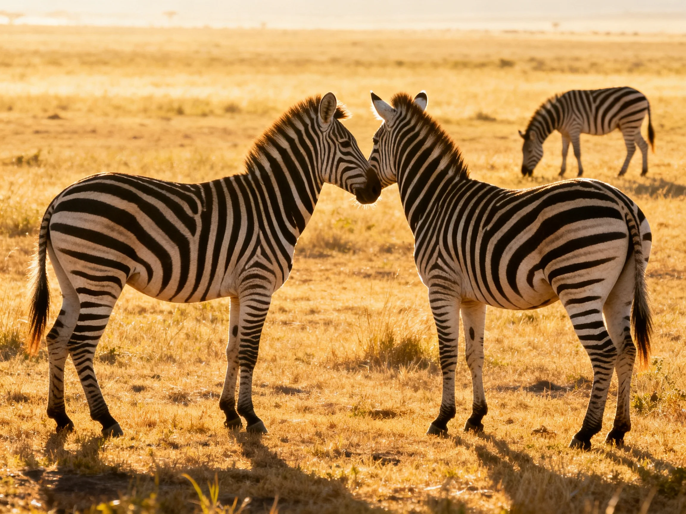Two zebras nuzzling, one grazing, golden savannah