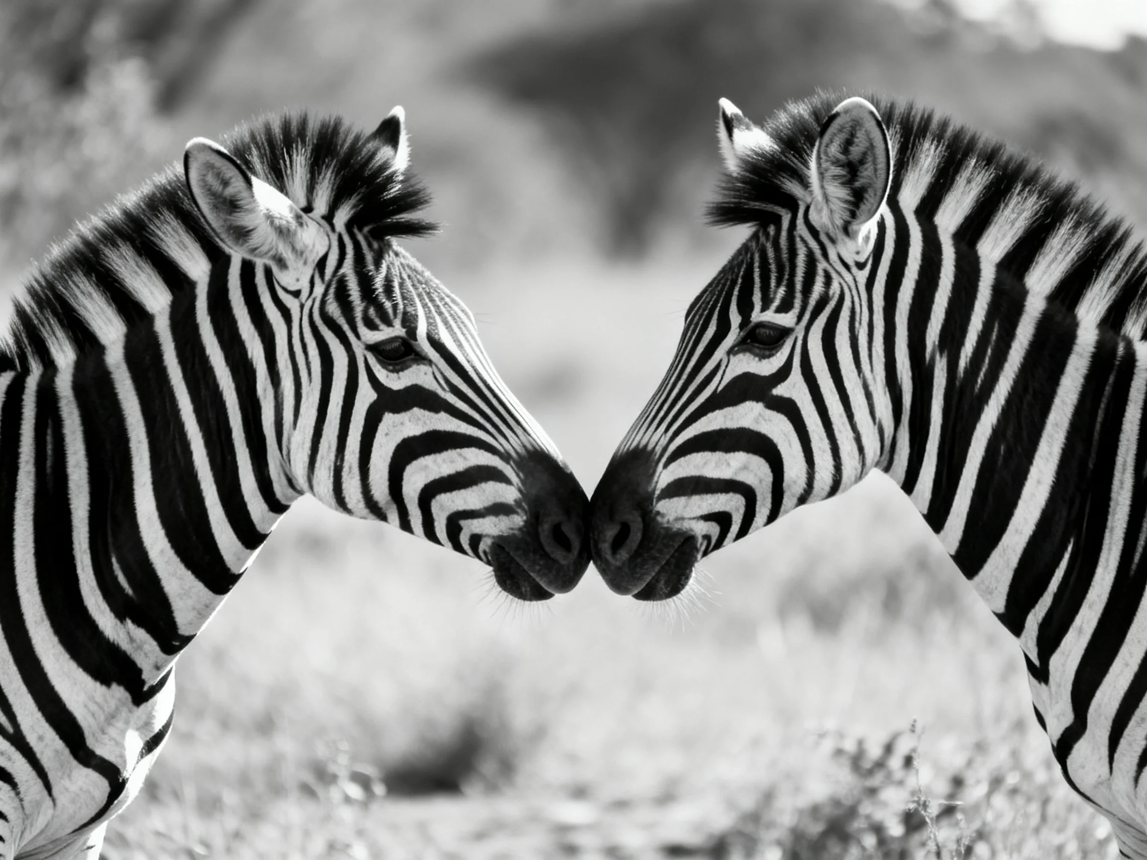 Two zebras nuzzling, showcasing bold black-and-white stripes