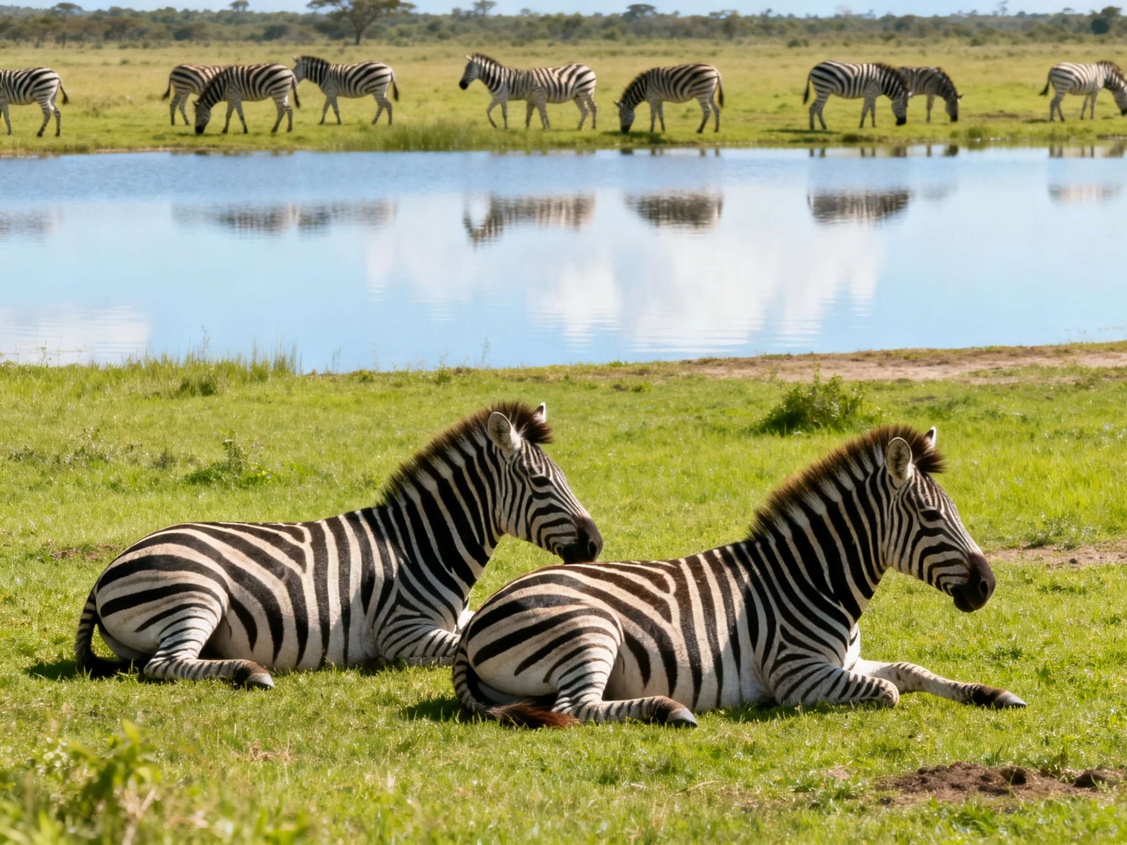 Two zebras rest near a calm blue pond with a grazing zebra herd