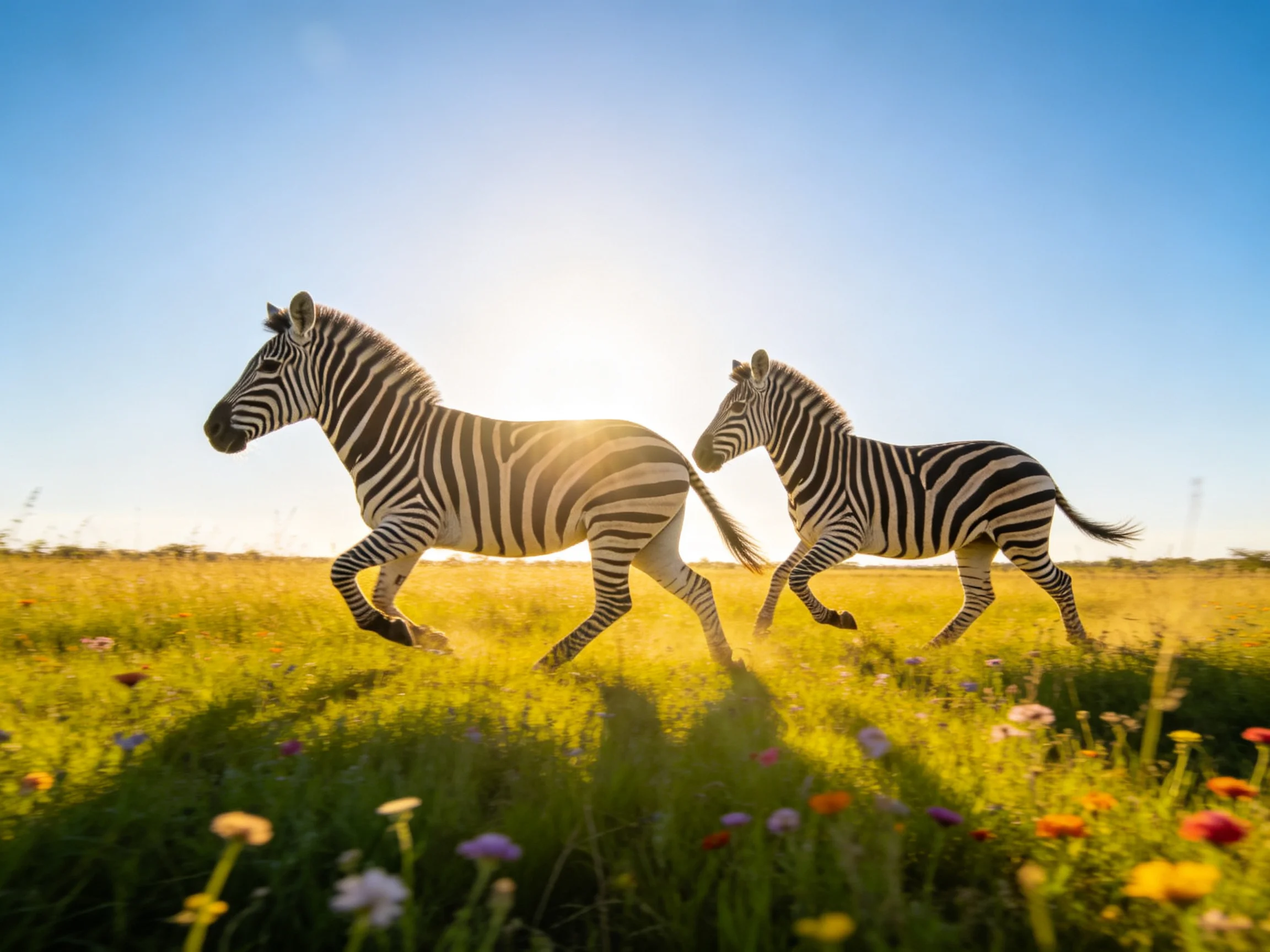 Two zebras running through a vibrant wildflower meadow under bright sunlight