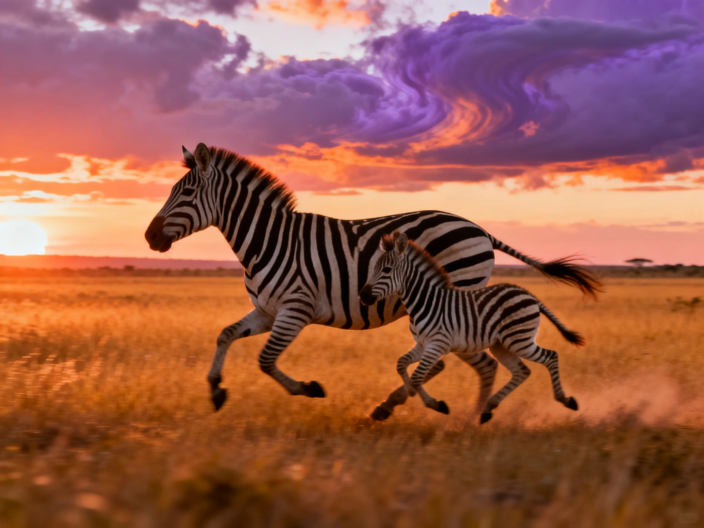 A mother zebra and her foal run together across golden savannah during a colorful sunset.