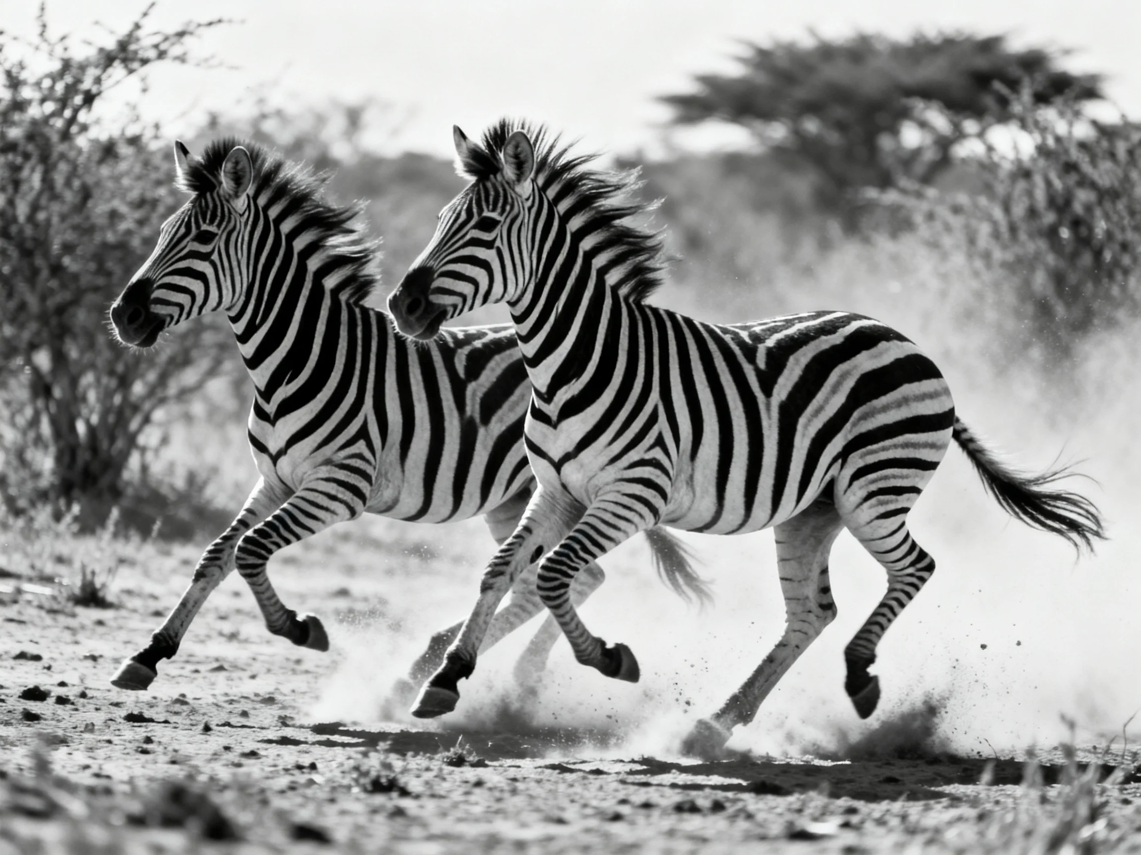 Two zebras sprinting through dusty terrain with bold stripes